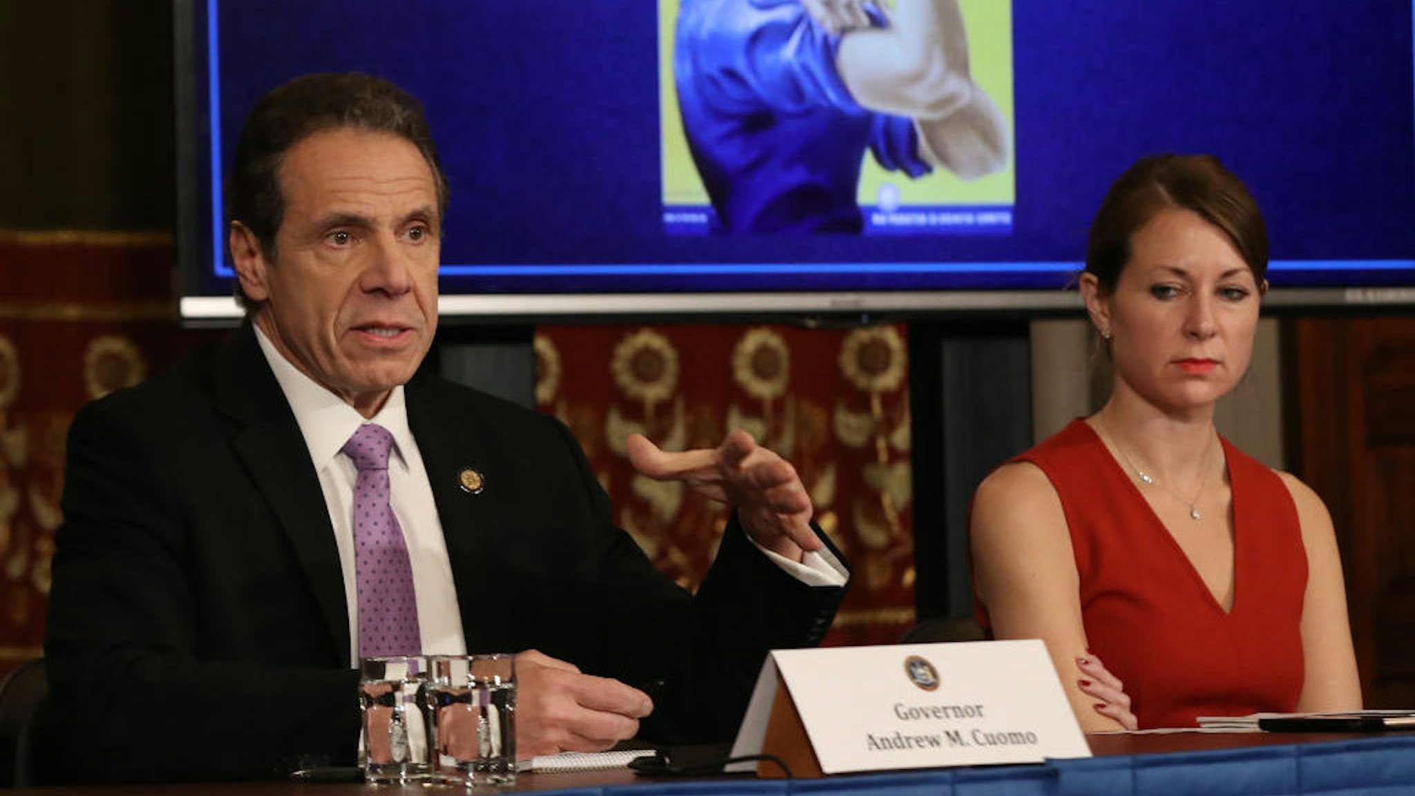 NEW YORK, NEW YORK - MARCH 20: New York Governor Andrew Cuomo (L) speaks during his daily news conference with Secretary to the Governor Melissa DeRosa (R) on March 20, 2020 in New York City. Cuomo ordered nonessential businesses to keep 100% of their workforce at home in an effort to combat the spread of the COVID-19 pandemic. (Photo by Bennett Raglin/Getty Images)
