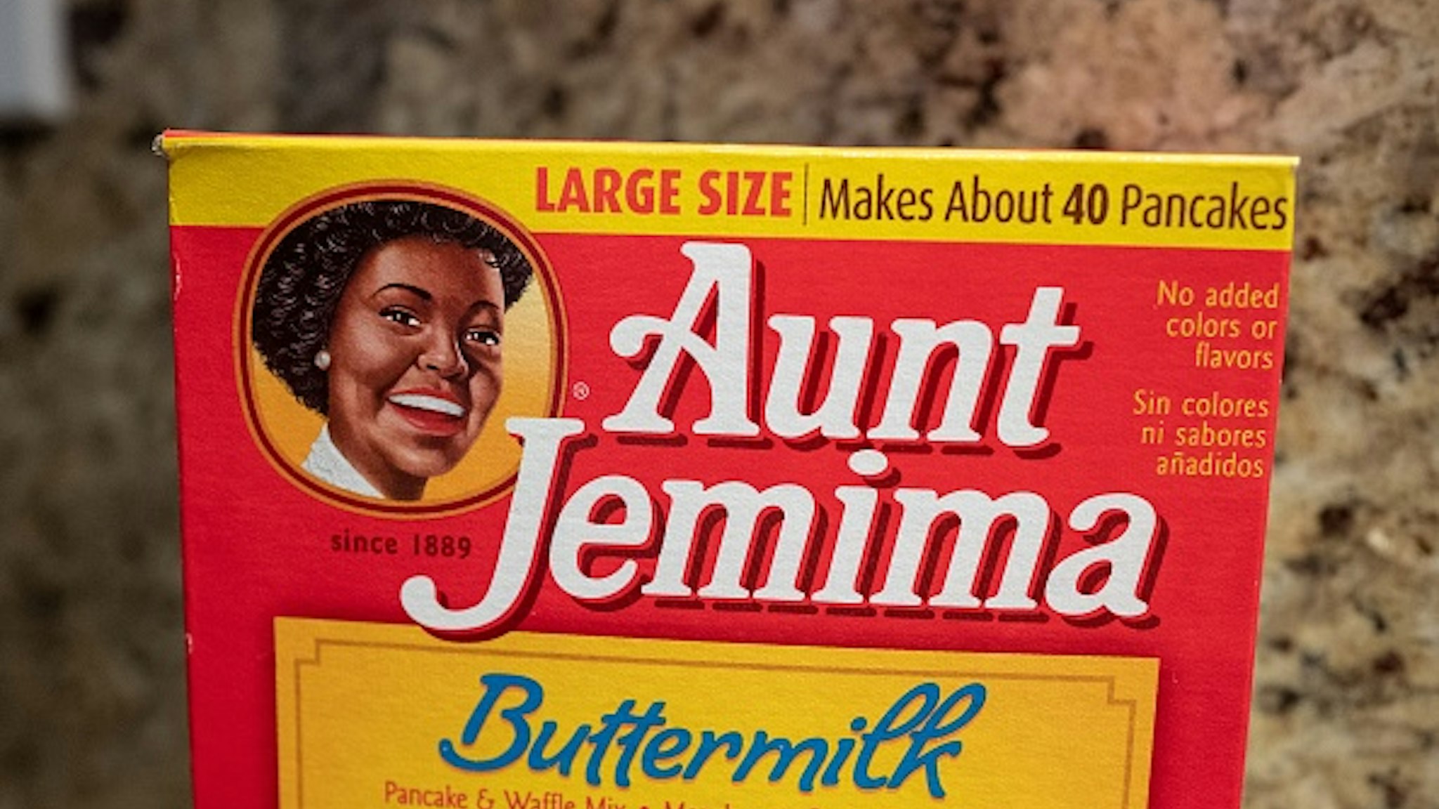 Close-up of Aunt Jemima brand buttermilk pancake mix in kitchen setting, San Ramon, California, November 20, 2020.