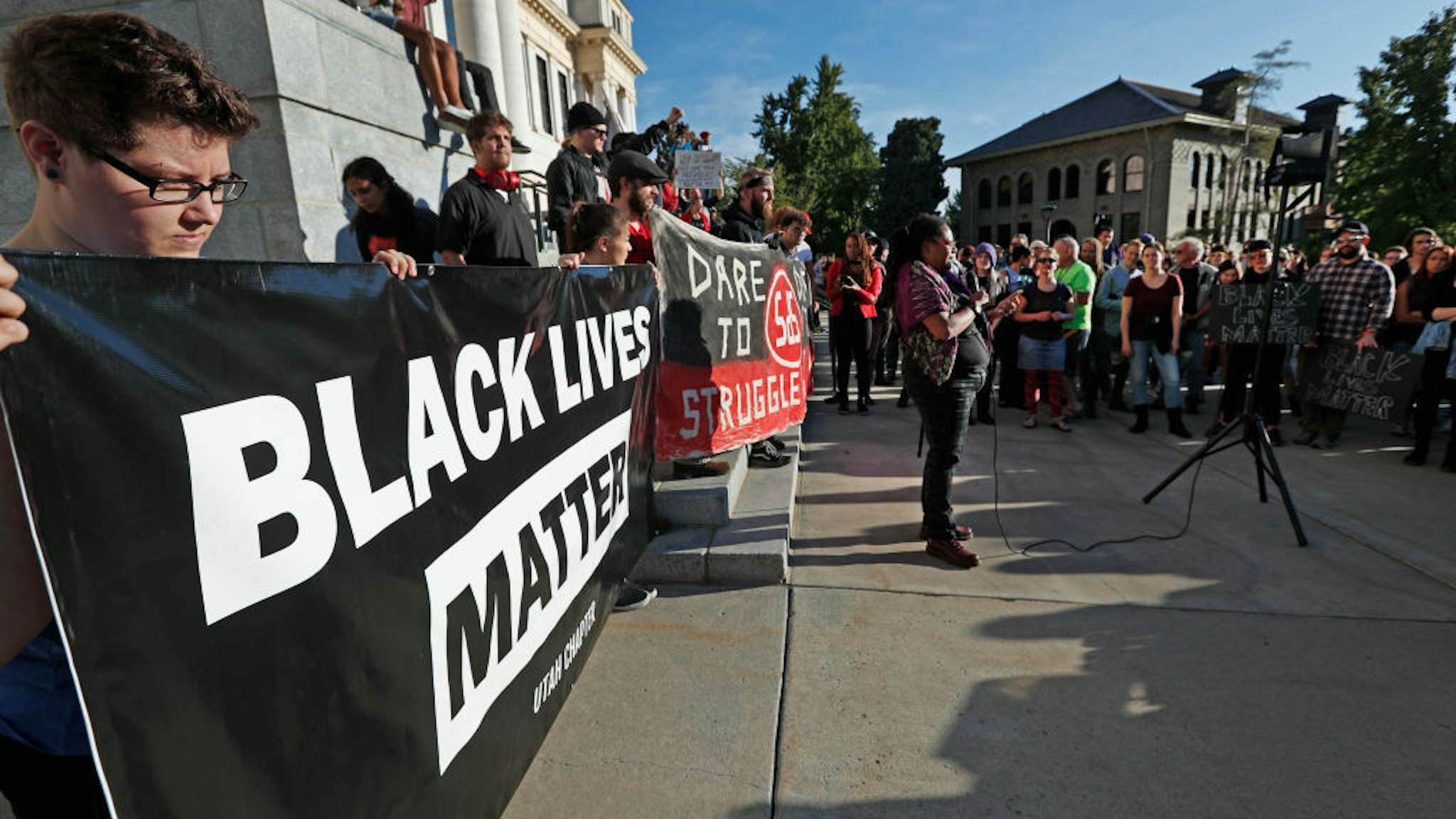 Protesters from Students For a Democratic Society and Black Lives Matter demonstrate on the University of Utah campus against an event where right wing writer and commentator Ben Shapiro is speaking on September 27, 2017 in Salt Lake City, Utah.