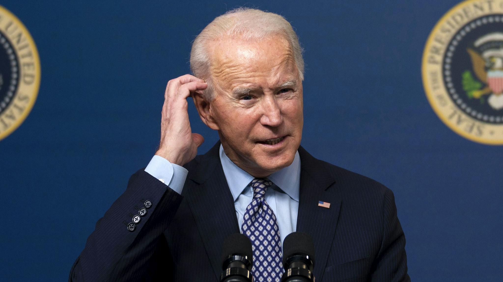 President Biden Commemorates 50 Millionth Covid-19 Vaccine Shot WASHINGTON, DC - FEBRUARY 25: U.S. President Joe Biden speaks during an event commemorating the 50 million COVID-19 vaccine shot on February 25, 2021 at the South Court Auditorium of Eisenhower Executive Office Building in Washington, DC.