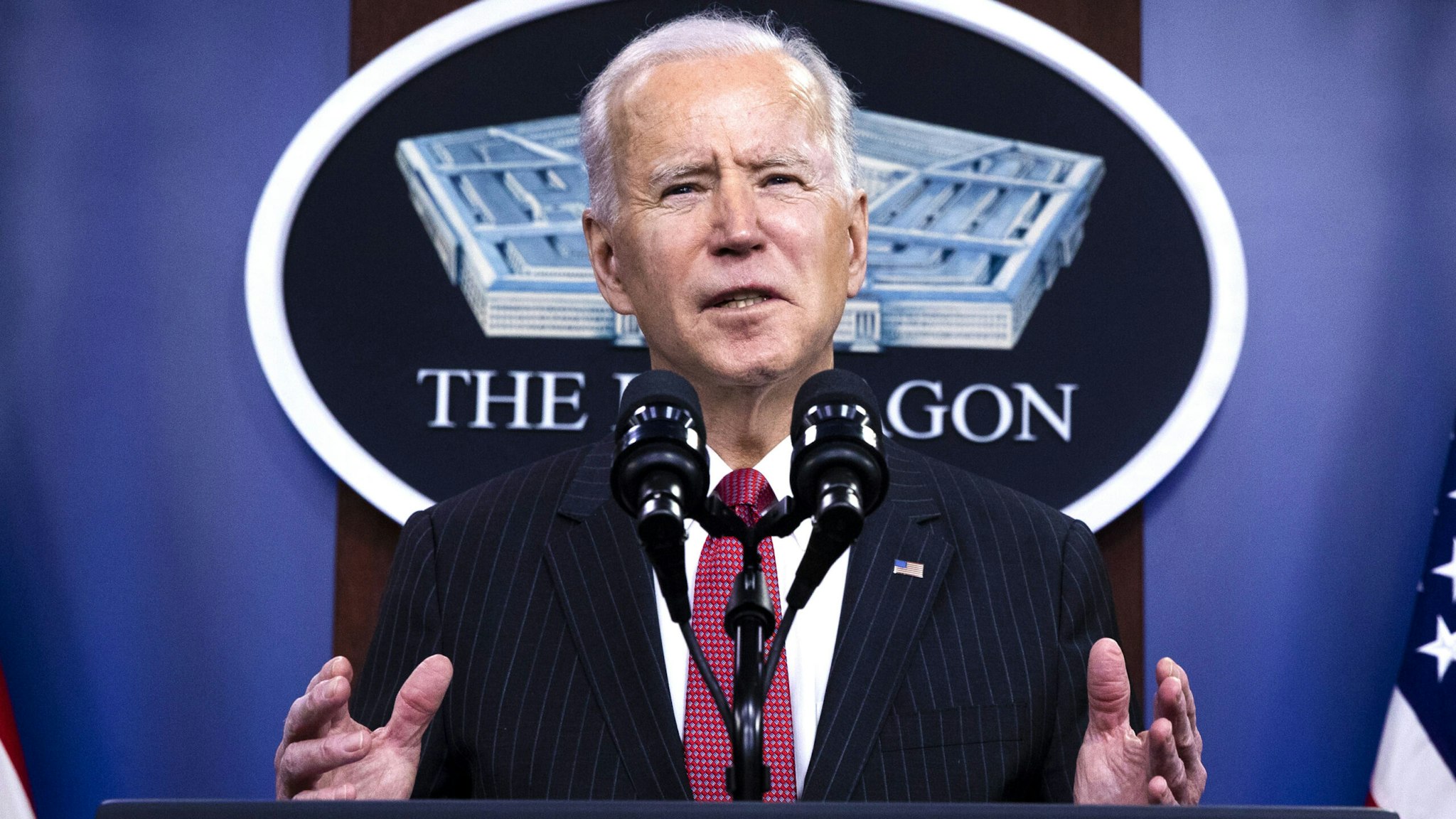 U.S. President Joe Biden speaks at the Pentagon in Arlington, Virginia, U.S., on Wednesday, Feb. 10, 2021. Biden today said his administration will sanction military leaders in Myanmar linked to this month's coup and will ensure the country's military leadership can't access about $1 billion in government funds held in the U.S.