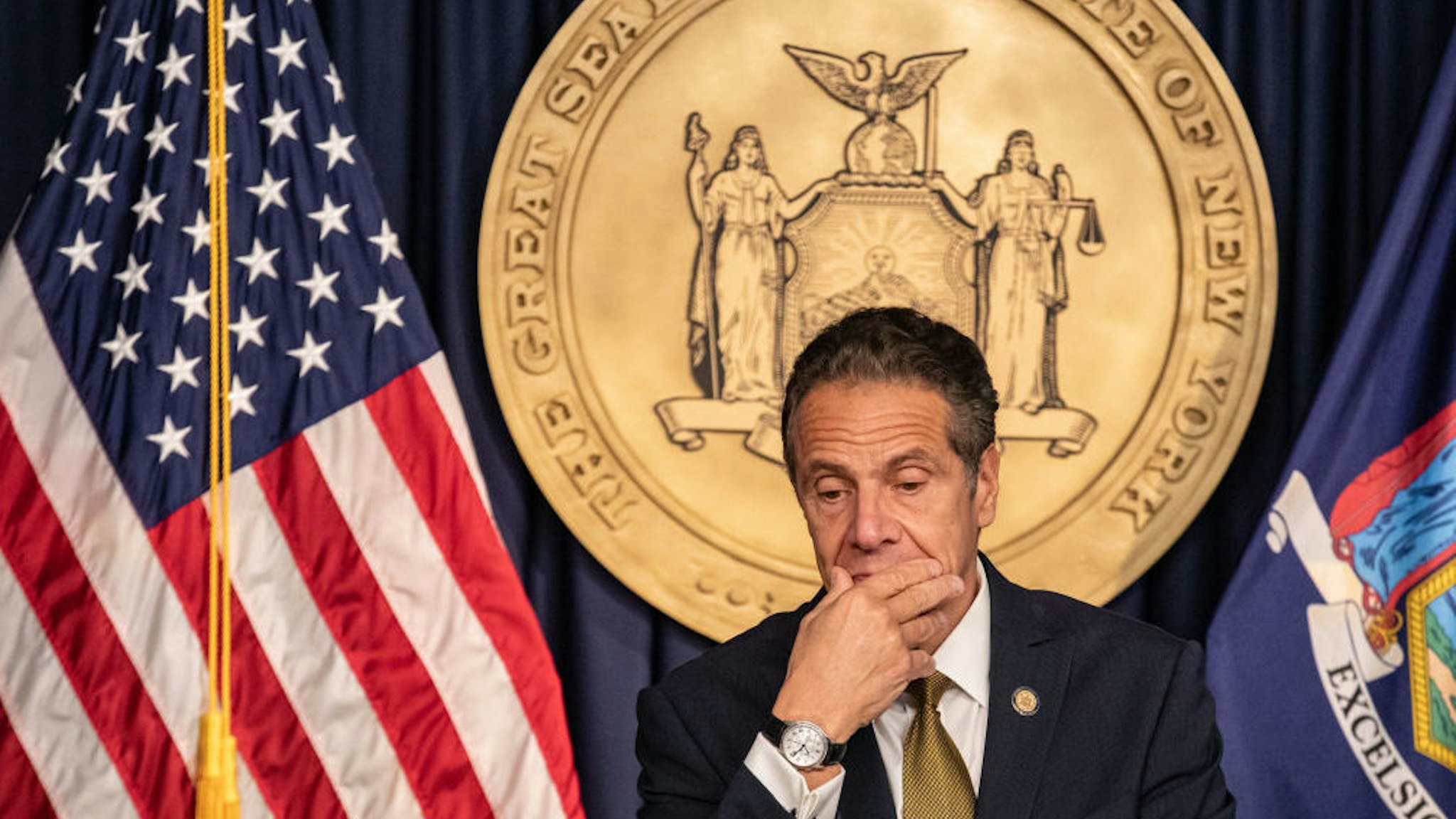 Andrew Cuomo, governor of New York, pauses while speaking during a news conference in New York, U.S., on Monday, Oct. 5, 2020. Governor Cuomo said New York City public and private schools in viral hot spots must close Tuesday, and he threatened to shut religious institutions if members don’t follow rules about masks and social distancing.