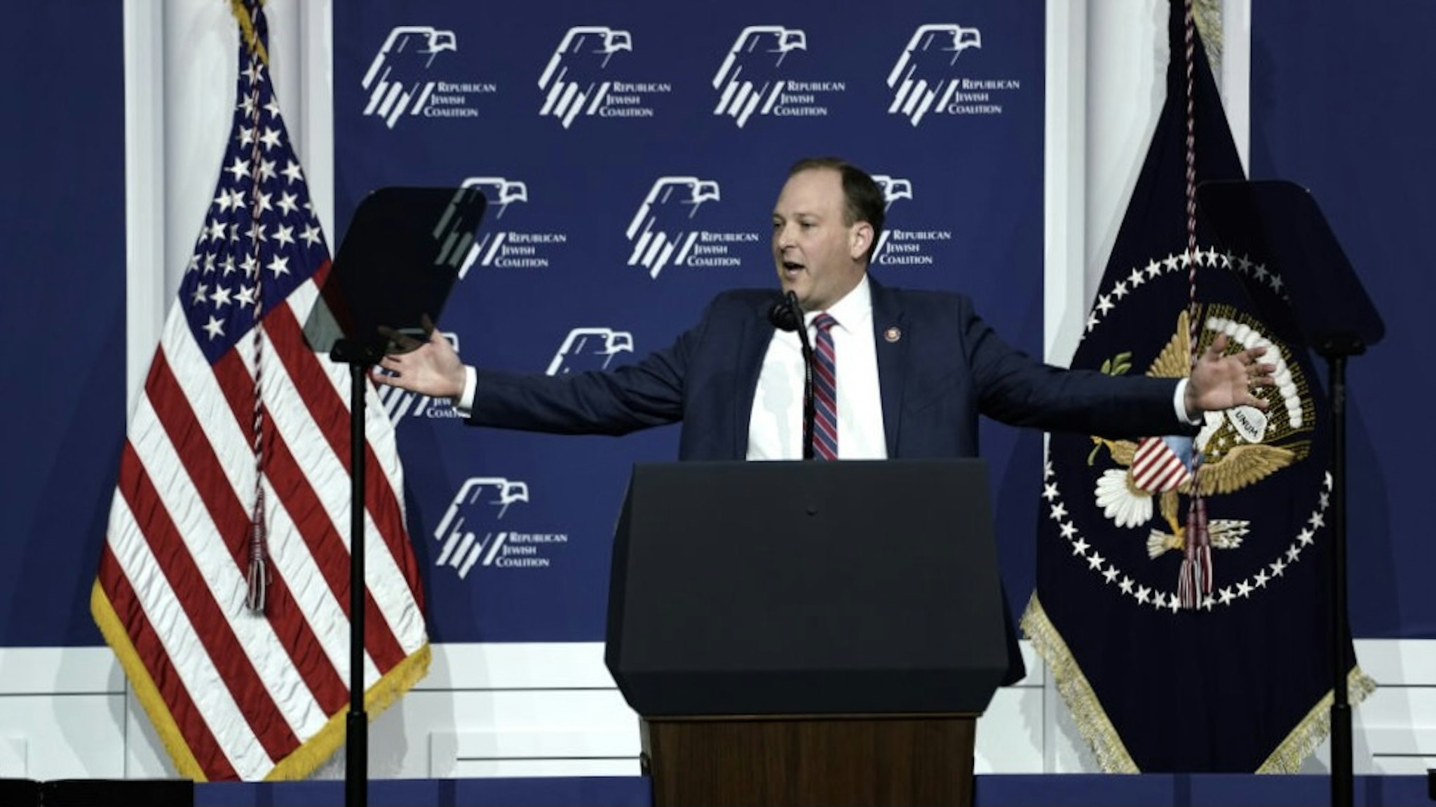 Representative Lee Zeldin, a Republican from New York, speaks during the Republican Jewish Coalitions National Leadership Meeting in Las Vegas, Nevada, U.S., on Saturday, April 6, 2019. President Donald Trump made a sarcastic reference to Representative Ilhan Omar during a speech in Las Vegas, a day after prosecutors said a New York man was arrested for threatening to murder the freshman Minnesota Democrat. Photographer: Eilon Paz/Bloomberg