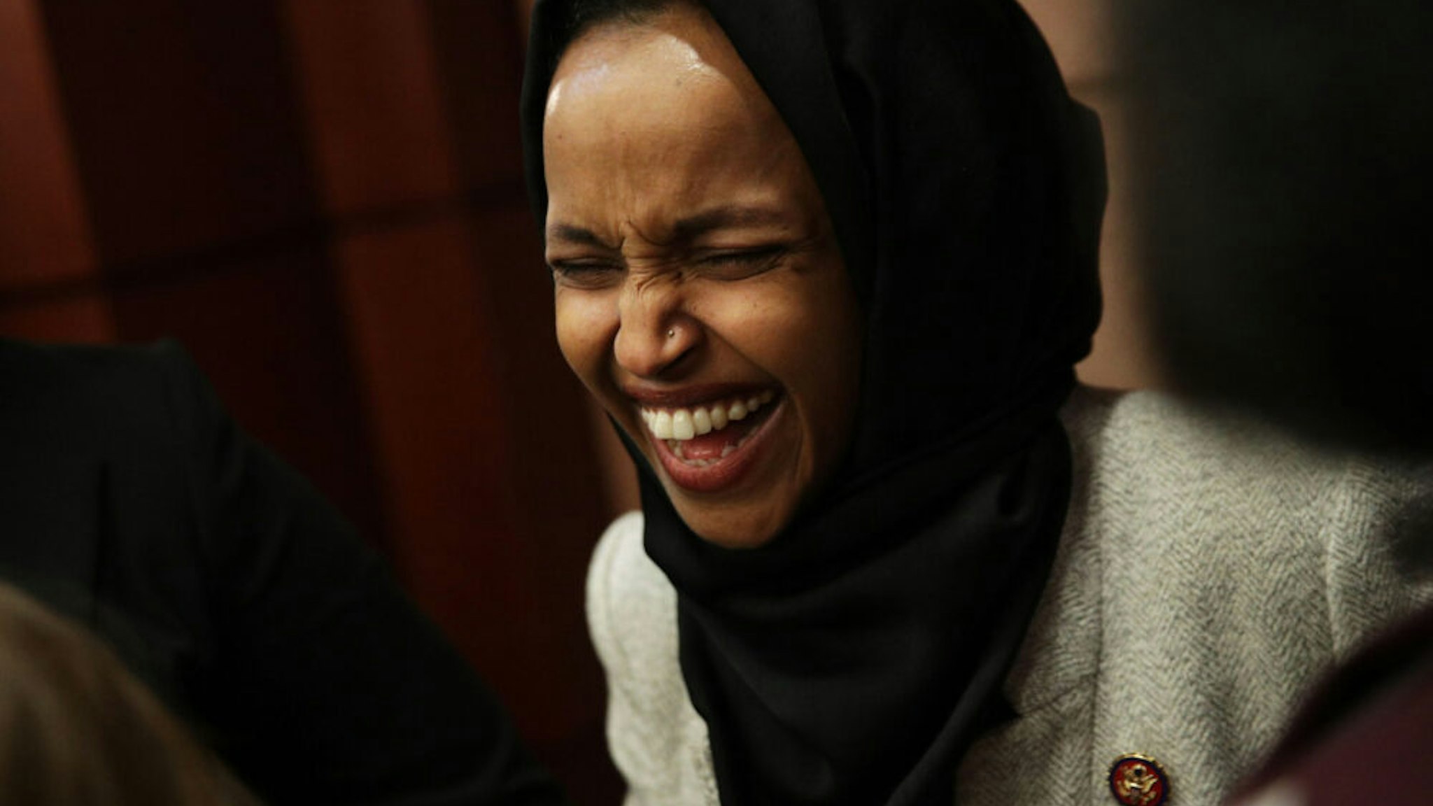 WASHINGTON, DC - FEBRUARY 12: U.S. Rep. Ilhan Omar (D-MN) is seen after a news conference February 12, 2019 on Capitol Hill in Washington, DC. U.S. Sen. Kirsten Gillibrand (D-NY) and Rep. Rosa DeLauro (D-CT) held a news conference to introduce the "Family and Medical Insurance Leave Act," or FAMILY Act.
