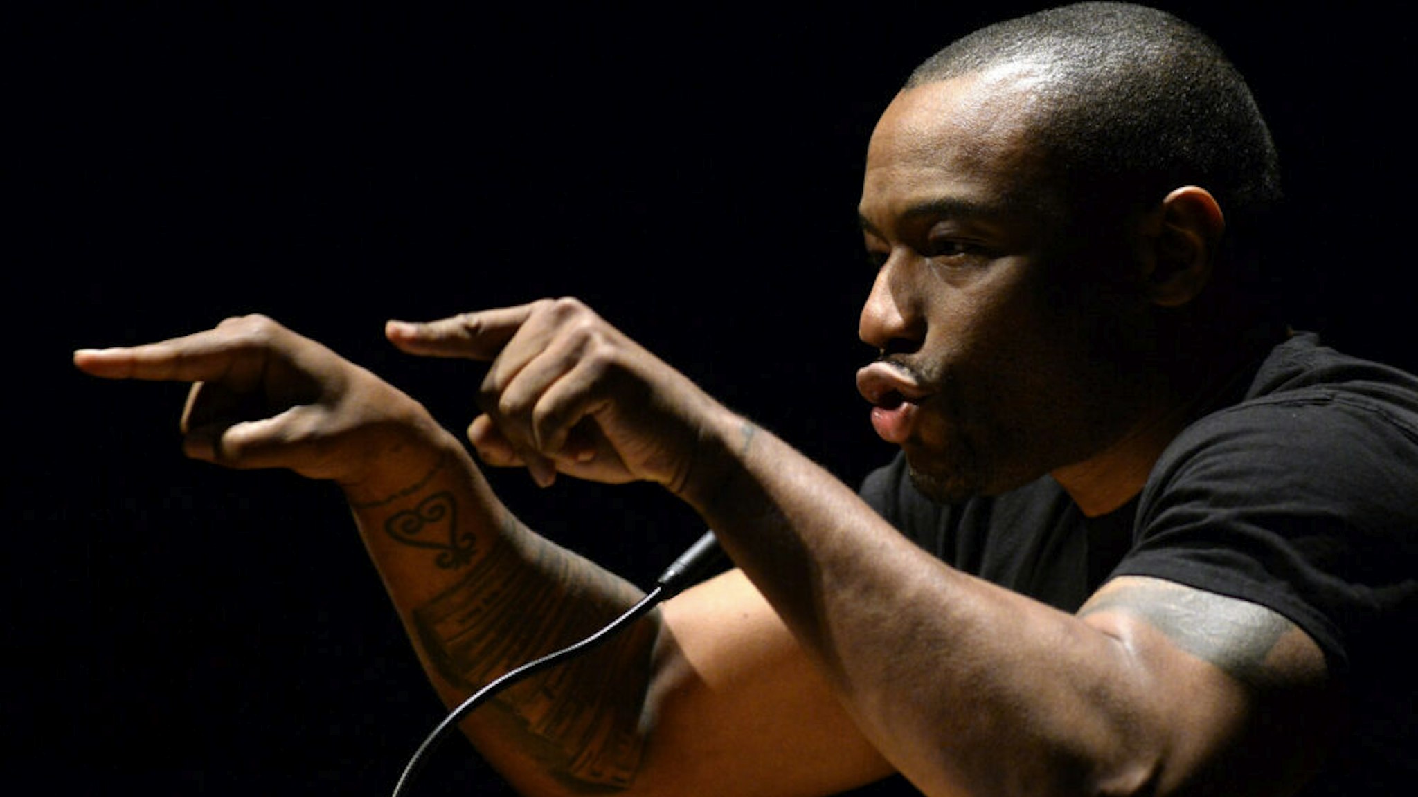 AMHERST, MA - MAY 4: Marc Lamont Hill speaks during a panel on free speech and the Israeli-Palestinian conflict at the University of Massachusetts campus in Amherst, Massachusetts on May 4, 2019.