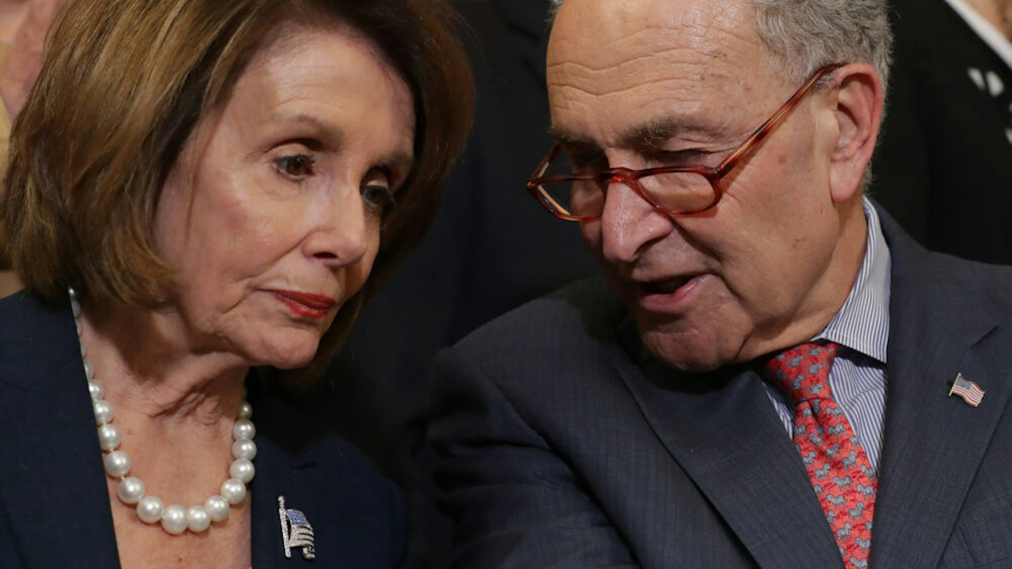WASHINGTON, DC - MAY 15: Speaker of the House Nancy Pelosi (D-CA) (L) and Senate Minority Leader Charles Schumer (D-NY) lead a rally and news conference ahead of a House vote on health care and prescription drug legislation in the Rayburn Room at the U.S. Capitol May 15, 2019 in Washington, DC. The bicameral group of Democrats urged Senate Majority Leader Mitch McConnell (R-KY) to bring the Strengthening Health Care and Lowering Prescription Drug Costs Act up for a vote in the Senate.