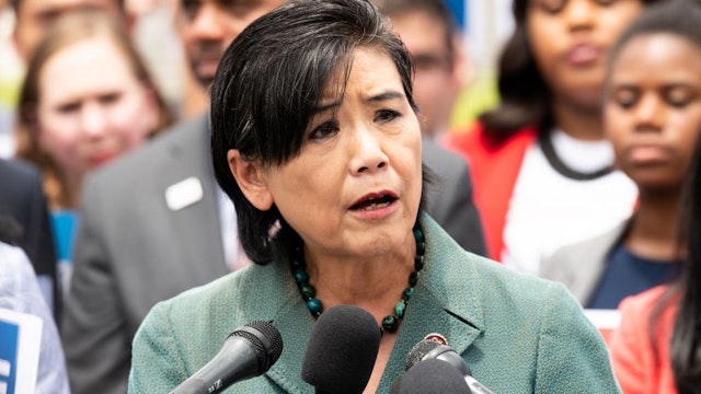 U.S. Representative Judy Chu (D-CA) speaking at a rally at the U.S. Capitol for H.R.4, the "Voting Rights Advancement Act of 2019".