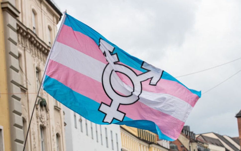 Trans Flag. On 13.7.2019 Hundreds of Thousands celebrated the Pride ( Christopher Street Day ) in Munich. Several LGBTQ Groups participated. (Photo by Alexander Pohl/NurPhoto)