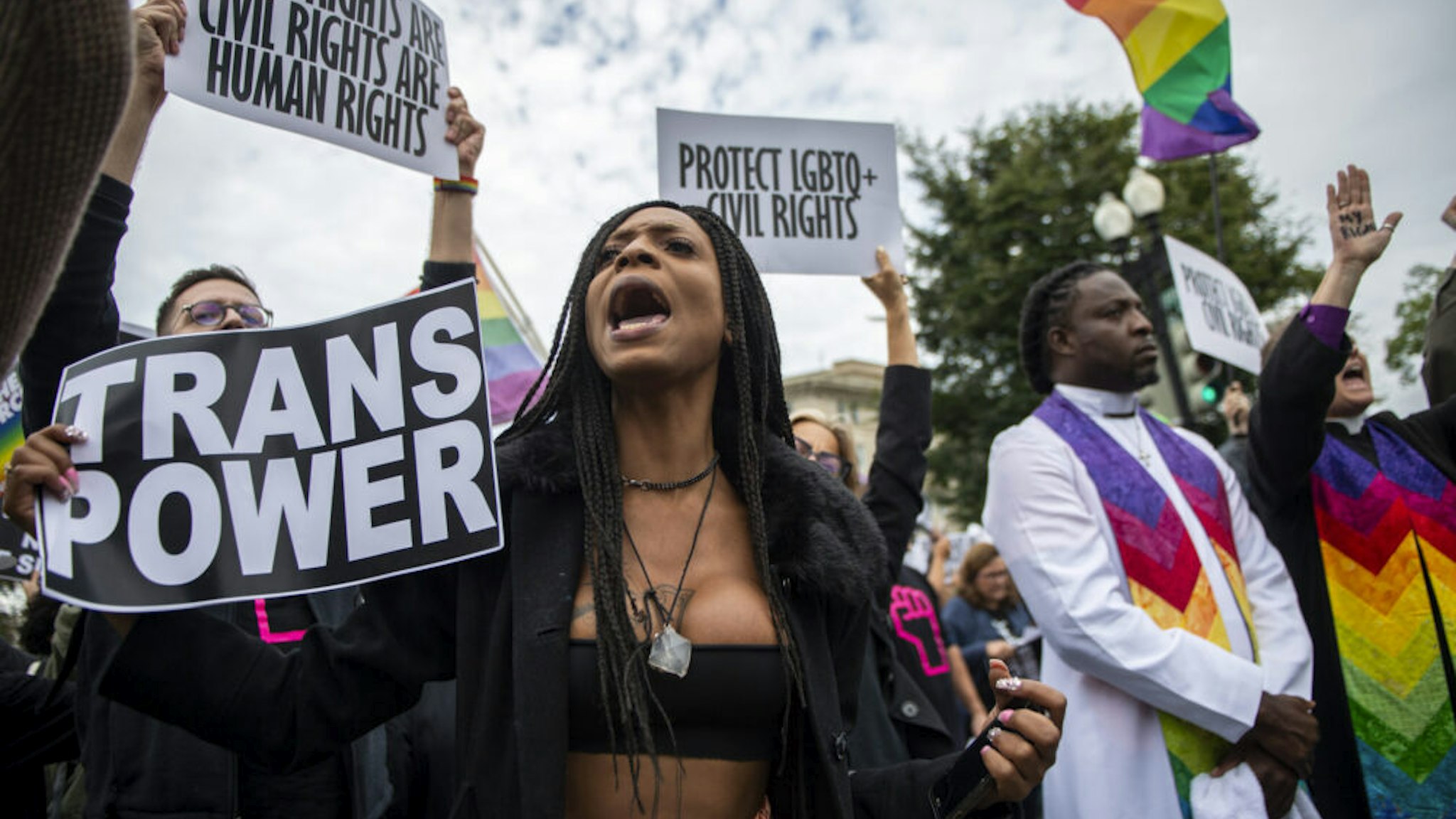 UNITED STATES - OCTOBER 8: Protesters block the street in front of the Supreme Court as it hears arguments on whether gay and transgender people are covered by a federal law barring employment discrimination on the basis of sex on Tuesday, Oct. 8, 2019.