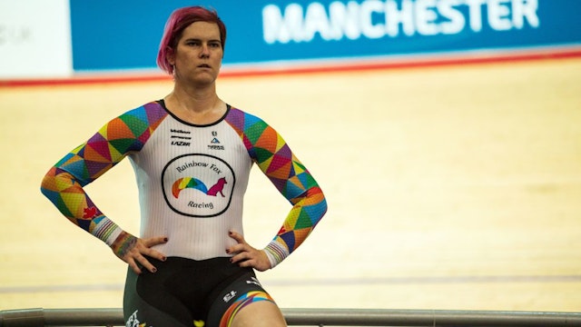 Canadian cyclist Rachel McKinnon warms up before competing in her F35-39 sprint semi-final during the 2019 UCI Track Cycling World Masters Championship, in Manchester on October 19, 2019. - Transgender cyclist Rachel McKinnon has defended her right to compete in women's sport despite accepting trans athletes may retain a physical advantage over their rivals. (Photo by OLI SCARFF / AFP) (Photo by OLI SCARFF/AFP via Getty Images)