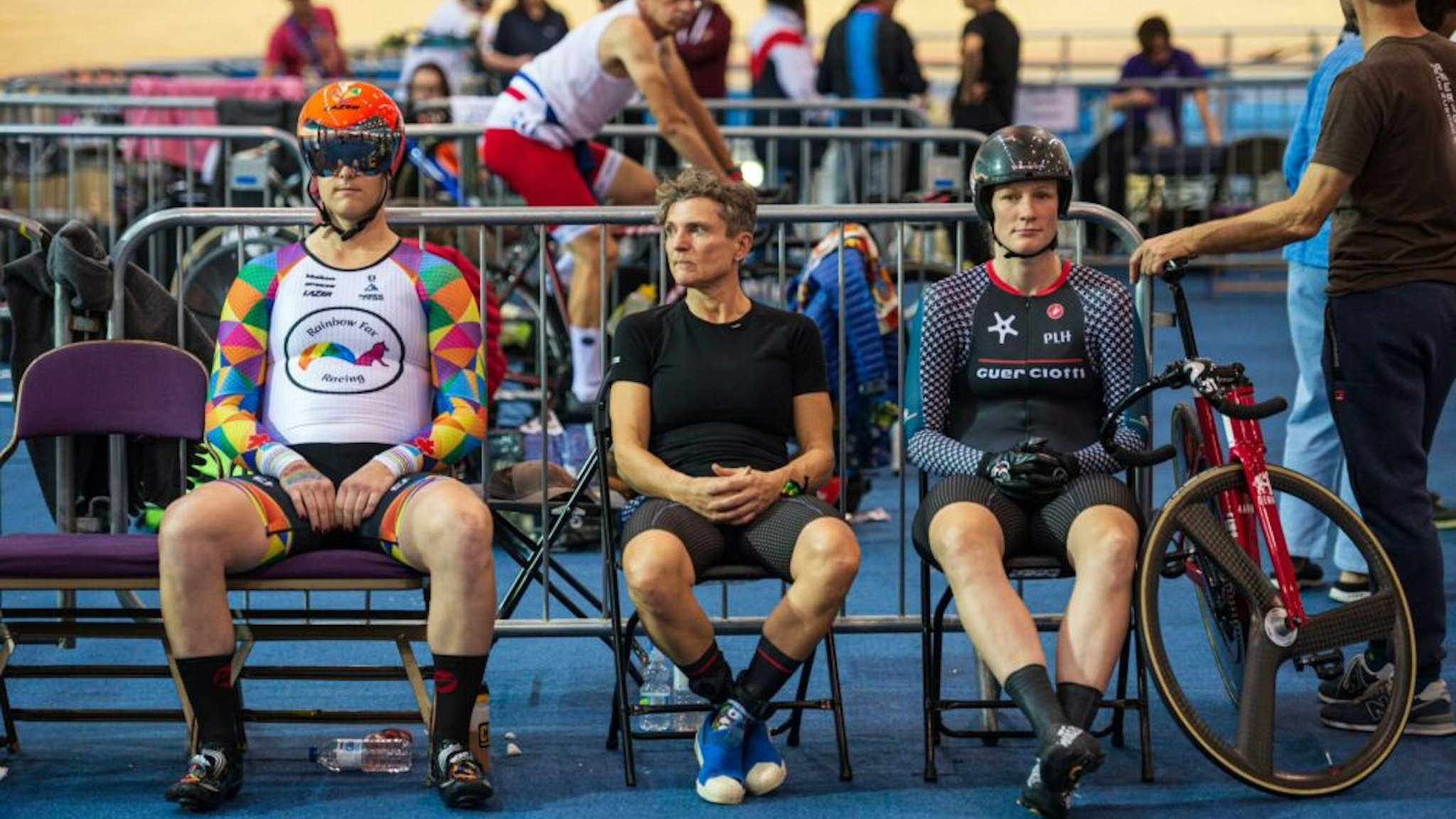 Canadian cyclist Rachel McKinnon (L) prepares to race against Australian Amber Walsh (2nd R) in their F35-39 sprint semi-final during the 2019 UCI Track Cycling World Masters Championship, in Manchester on October 19, 2019. - Transgender cyclist Rachel McKinnon has defended her right to compete in women's sport despite accepting trans athletes may retain a physical advantage over their rivals.