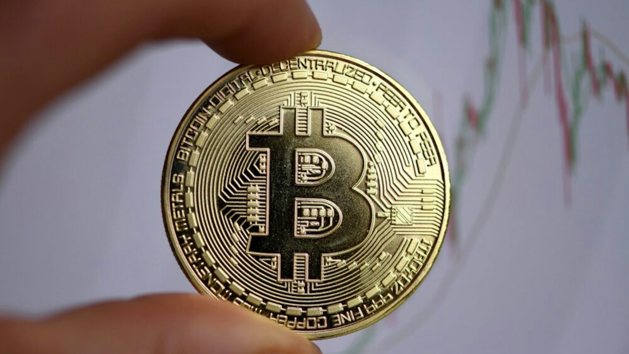 The photo shows a physical imitation of a Bitcoin in Dortmund, western Germany, on January 27, 2020.