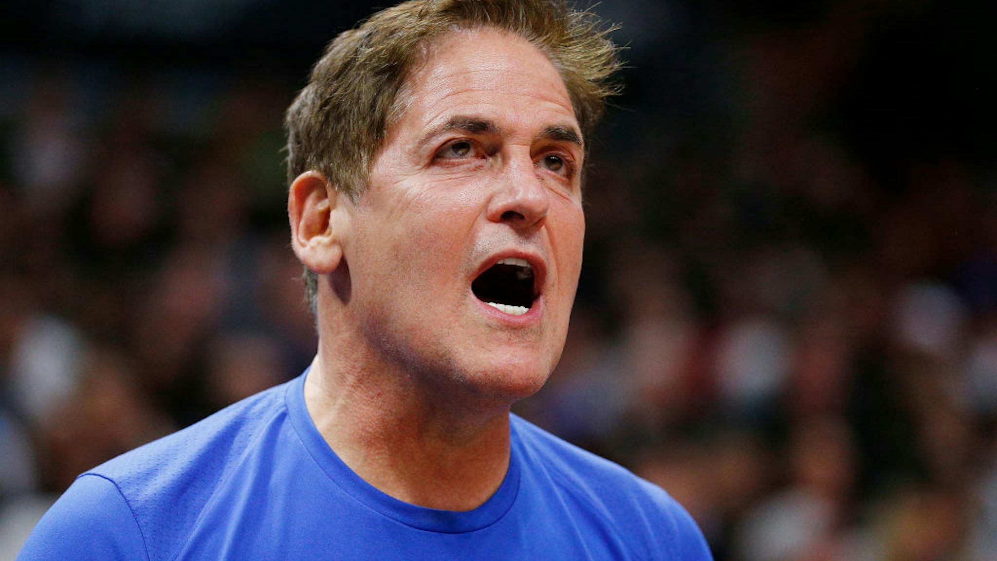 Dallas Mavericks v Miami Heat Owner Mark Cuban of the Dallas Mavericks reacts against the Miami Heat during the second half at American Airlines Arena on February 28, 2020 in Miami, Florida.