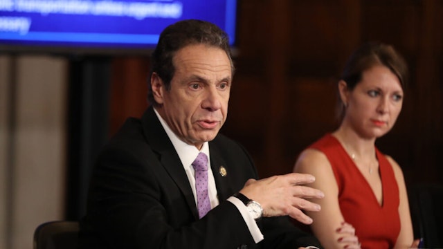 NEW YORK, NEW YORK - MARCH 20: New York Governor Andrew Cuomo (L) speaks during his daily news conference with Secretary to the Governor Melissa DeRosa (R) on March 20, 2020 in New York City. Cuomo ordered nonessential businesses to keep 100% of their workforce at home in an effort to combat the spread of the COVID-19 pandemic.