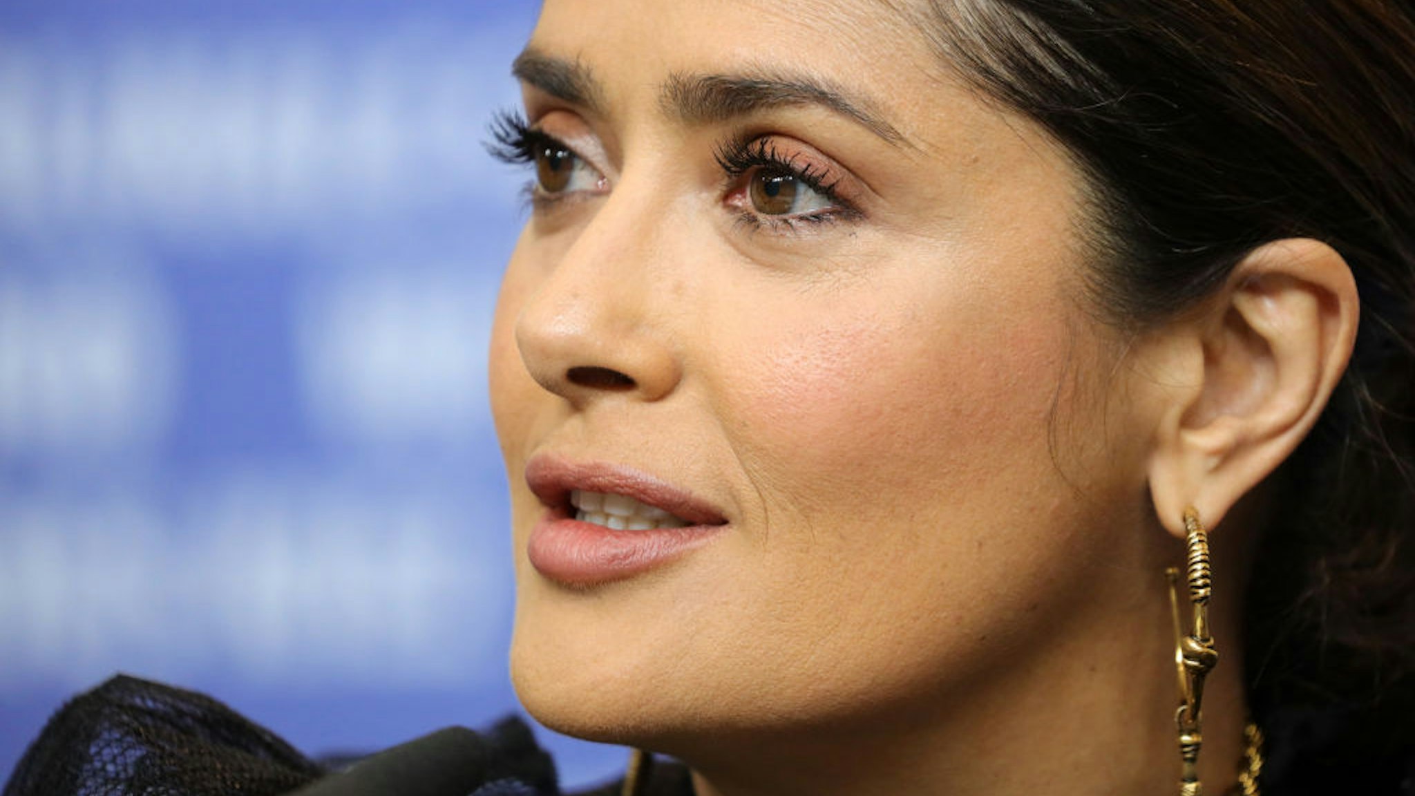 Salma Hayek speaks at the "The Roads Not Taken" press conference during the 70th Berlinale International Film Festival Berlin at Grand Hyatt Hotel on February 26, 2020 in Berlin, Germany.