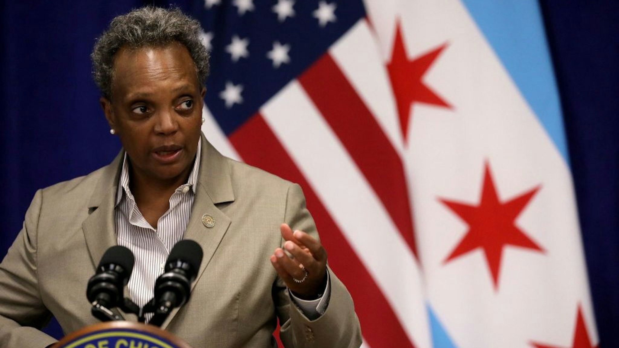 Mayor Lori Lightfoot speaks during a news conference at the Greater Western Community Development Project in Chicago on Monday, Sept. 14, 2020. (Antonio Perez/Chicago Tribune/Tribune News Service via Getty Images)