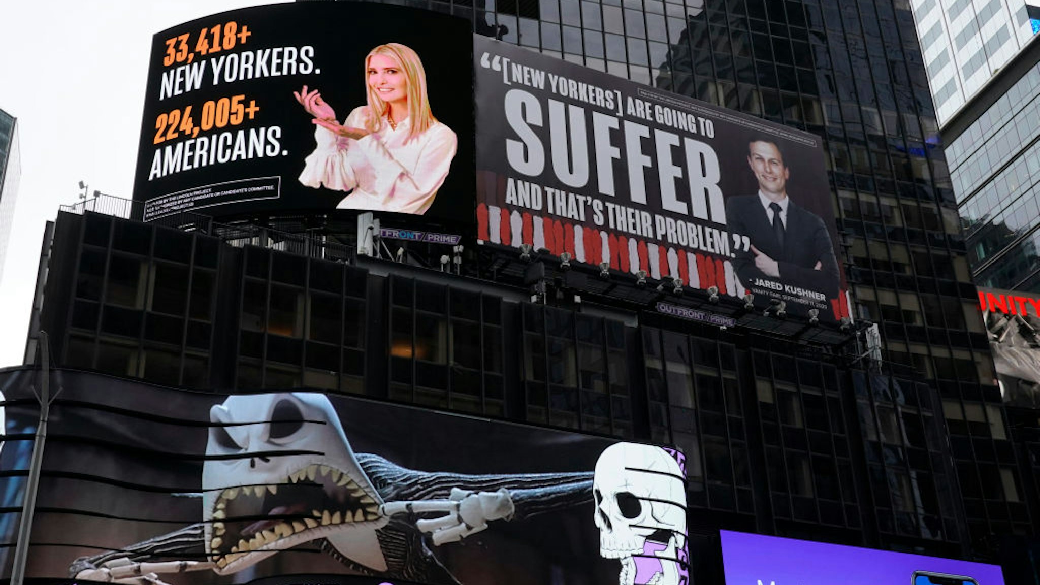 A billboard by The Lincoln Project is seen in Times Square on October 25, 2020 in New York, depicting Ivanka Trump presenting the number of New Yorkers and Americans who have died due to Covid-19 along with her husband Senior Advisor to the President Jared Kushner, with a Vanity Fair quote. - The Lincoln Project, is defending its right to erect billboards in Times Square critical of Ivanka Trump and Jared Kushner,after an attorney for President Trump's daughter and her husband threatened to sue. (Photo by TIMOTHY A. CLARY / AFP) (Photo by TIMOTHY A. CLARY/AFP via Getty Images)