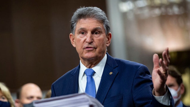 WASHINGTON, DC - DECEMBER 14: Senator Joe Manchin, a Democrat from West Virginia, speaks during a news conference with a bipartisan group of lawmakers as they announce a proposal for a Covid-19 relief bill on Capitol Hill, on Monday, December 14, 2020 in Washington, DC. Lawmakers from both chambers released a $908 billion package Monday, split into two bills.(Photo by Al Drago for The Washington Post via Getty Images)