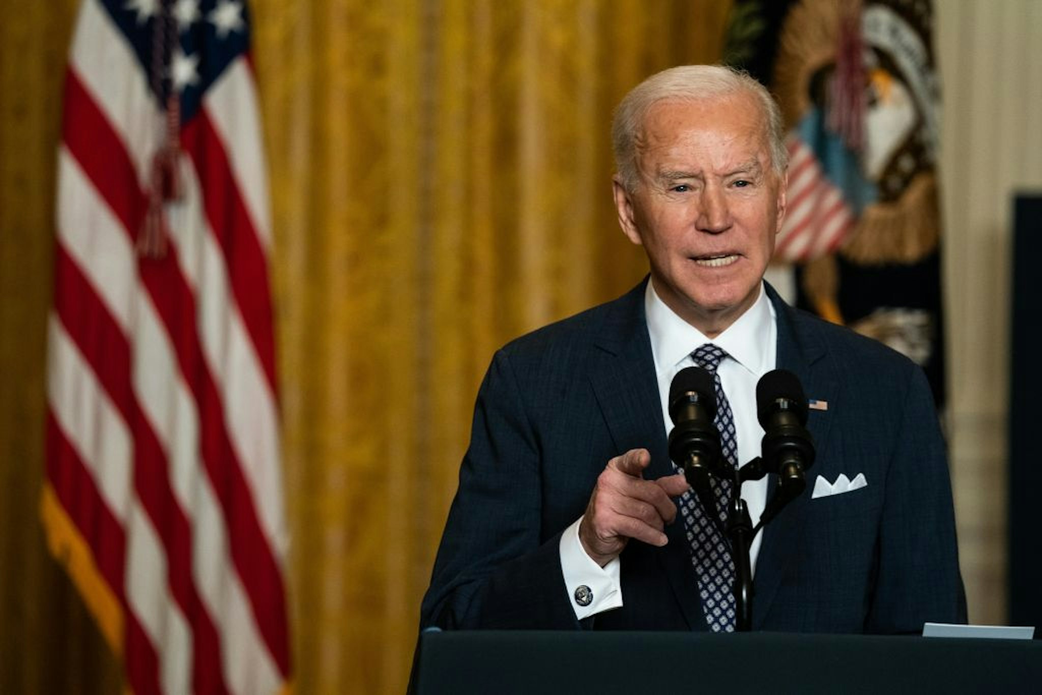 U.S. President Joe Biden speaks while addressing the virtual Munich Security Conference in the East Room of the White House in Washington, D.C., U.S., on Friday, Feb. 19, 2021. Biden re-introduced himself and the U.S. to world leaders at a pair of international conferences today, calling on industrialized democracies to partner in confronting the pandemic and climate change in a sharp departure from his predecessor's foreign policy.