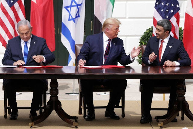 WASHINGTON, DC - SEPTEMBER 15: (L-R) Prime Minister of Israel Benjamin Netanyahu, U.S. President Donald Trump, and Foreign Affairs Minister of the United Arab Emirates Abdullah bin Zayed bin Sultan Al Nahyan participate in the signing ceremony of the Abraham Accords on the South Lawn of the White House on September 15, 2020 in Washington, DC. Witnessed by President Trump, Prime Minister Netanyahu signed a peace deal with the UAE and a declaration of intent to make peace with Bahrain. (Photo by Alex Wong/Getty Images)