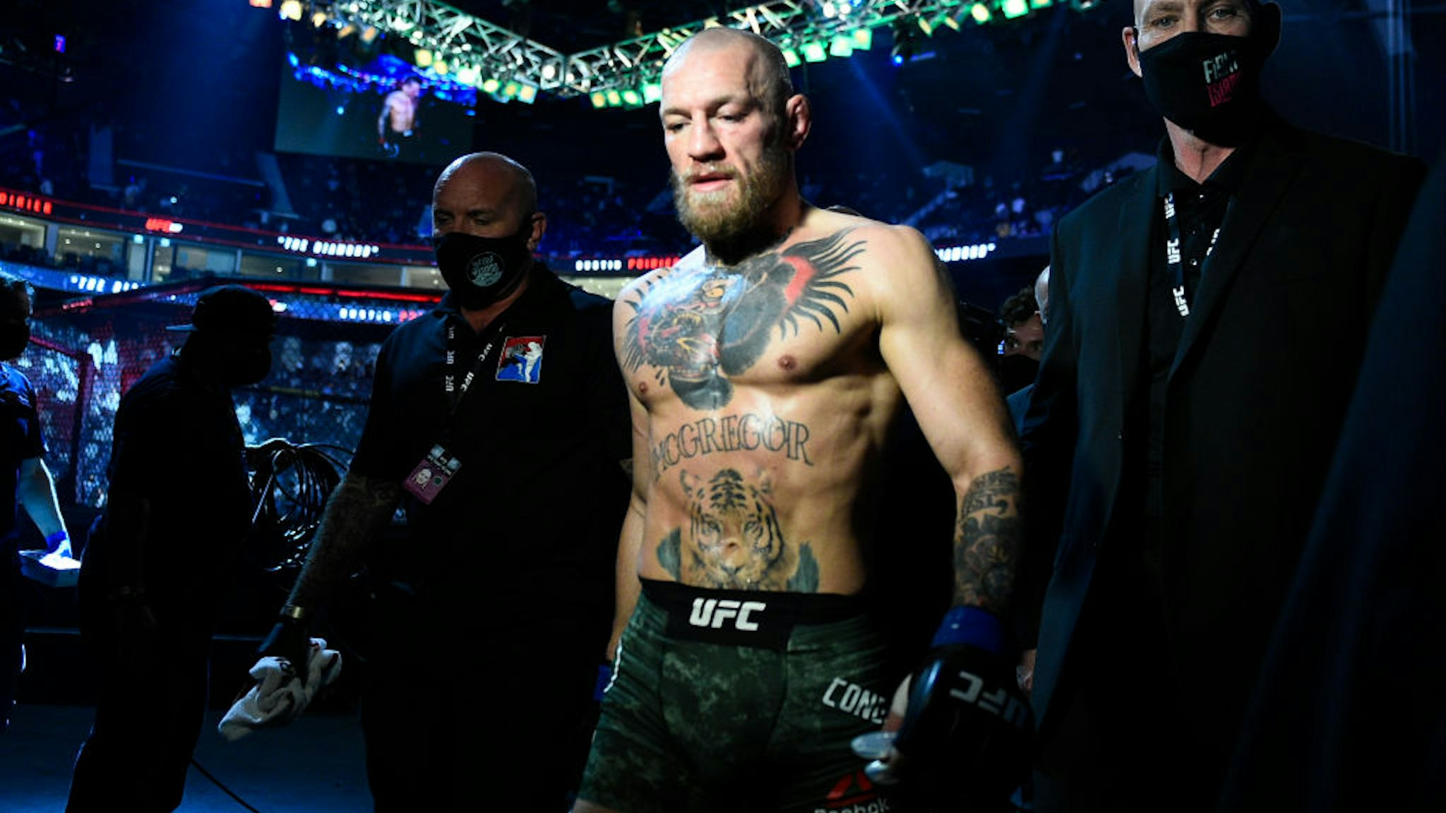 ABU DHABI, UNITED ARAB EMIRATES - JANUARY 23: Conor McGregor of Ireland reacts after his TKO loss to Dustin Poirier in a lightweight fight during the UFC 257 event inside Etihad Arena on UFC Fight Island on January 23, 2021 in Abu Dhabi, United Arab Emirates. (Photo by Chris Unger/Zuffa LLC)