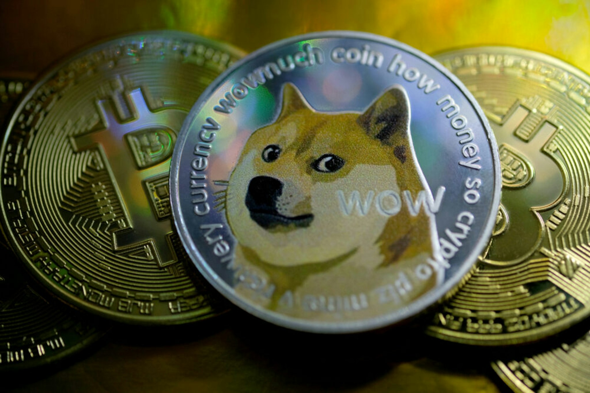 KATWIJK, NETHERLANDS - JANUARY 29: In this photo illustration, visual representations of digital cryptocurrencies, Dogecoin and Bitcoin are arranged on January 29, 2021 in Katwijk, Netherlands.