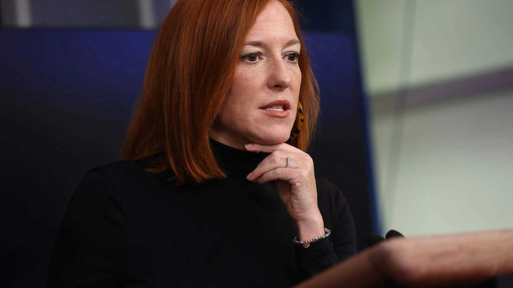 White House Press Secretary Jen Psaki talks to reporters during a news conference in the Brady Press Briefing Room at the White House on February 03, 2021 in Washington, DC.