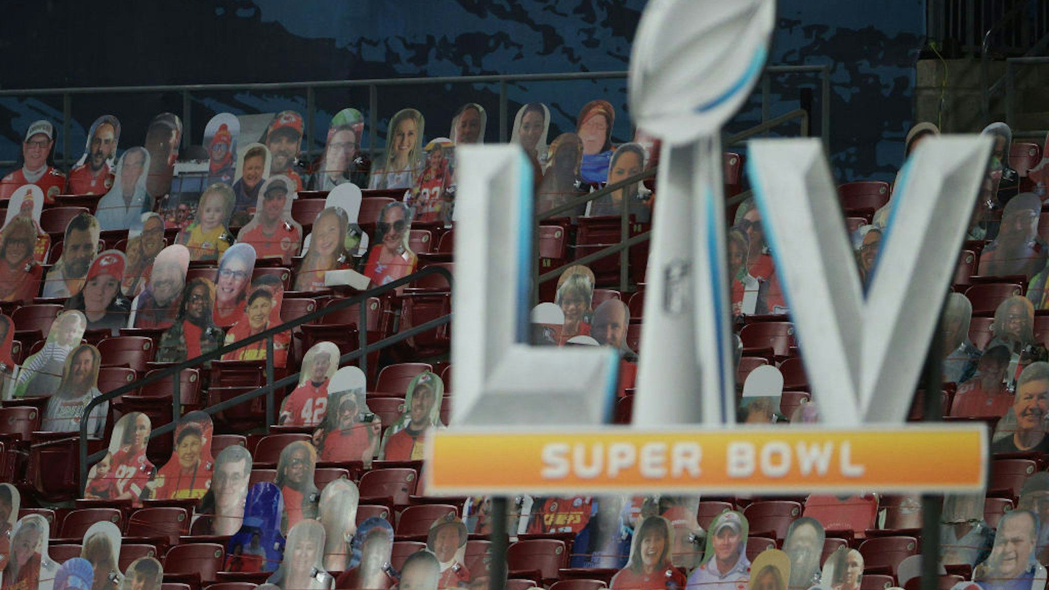 TAMPA, FLORIDA - FEBRUARY 07: A Super Bowl decal is seen ahead of cardboard fans in Super Bowl LV between the Tampa Bay Buccaneers and the Kansas City Chiefs at Raymond James Stadium on February 07, 2021 in Tampa, Florida. (Photo by Patrick Smith/Getty Images)