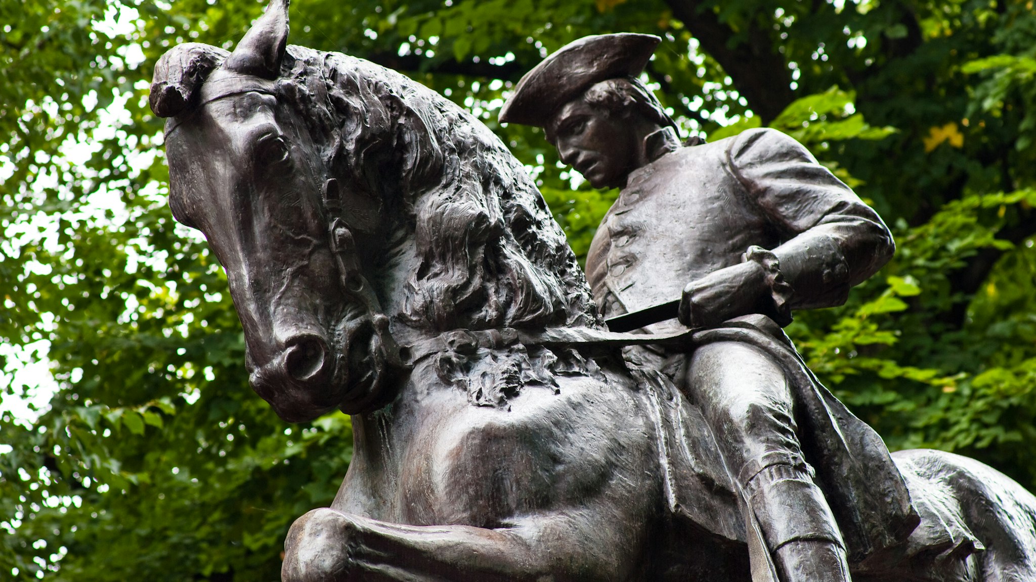 The Paul Revere statue in North End Boston, MA, sculpted by Cyrus Dallin and unvieled on September 22, 1940."