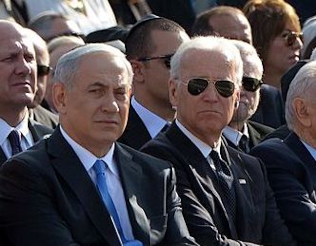 JERUSALEM, ISRAEL - JANUARY 13: Joe Biden (R3) the Vice President of the United States, Benjamin Netanyahu (L3) the current Prime Minister of Israel, Shimon Peres (R2) the President of Israel and former Prime Minister of the United Kingdom Tony Blair (L) takes part at the state ceremony for Former Israeli Prime Minister Ariel Sharon on January 13, 2014. Sharon, been comatose since he suffered a brain hemorrhage in 2006, died on on January 11, 2014. (Photo by Salih Zeki Fazlioglu/Anadolu Agency/Getty Images)