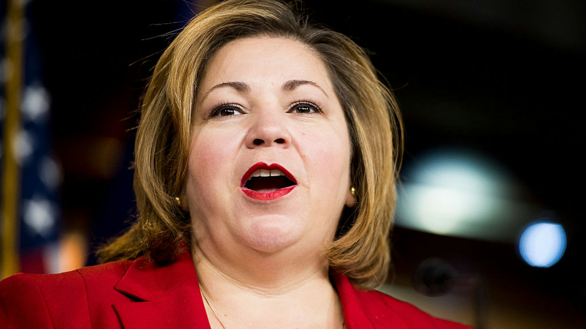 Rep. Linda Sanchez, D-Calif., speaks as members of the Congressional Hispanic Caucus hold a news conference to speak out against the House Republican budget and its impact on the Latino community on Tuesday, March 24, 2015.