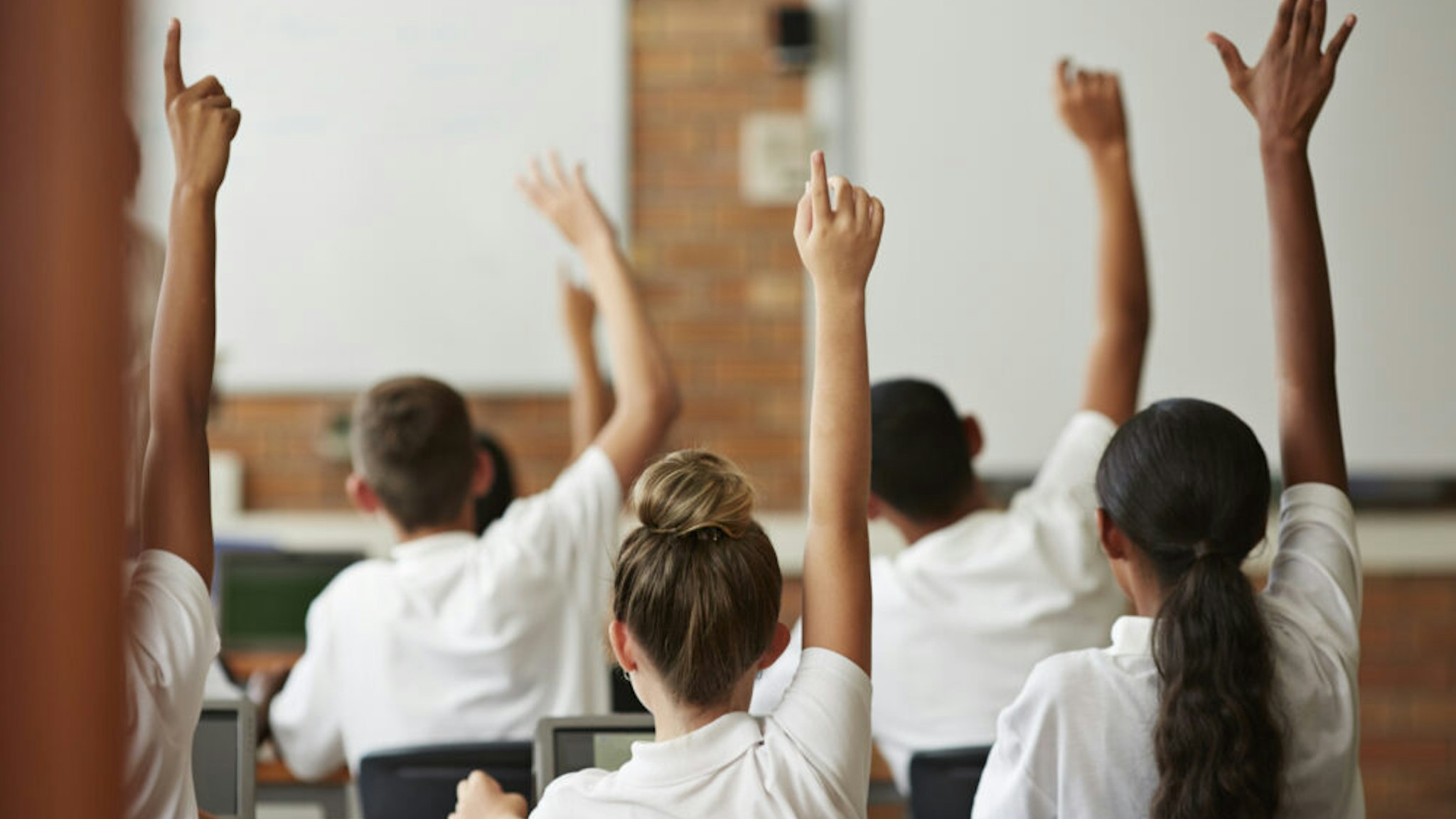 School students with raised hands, back view - stock photo