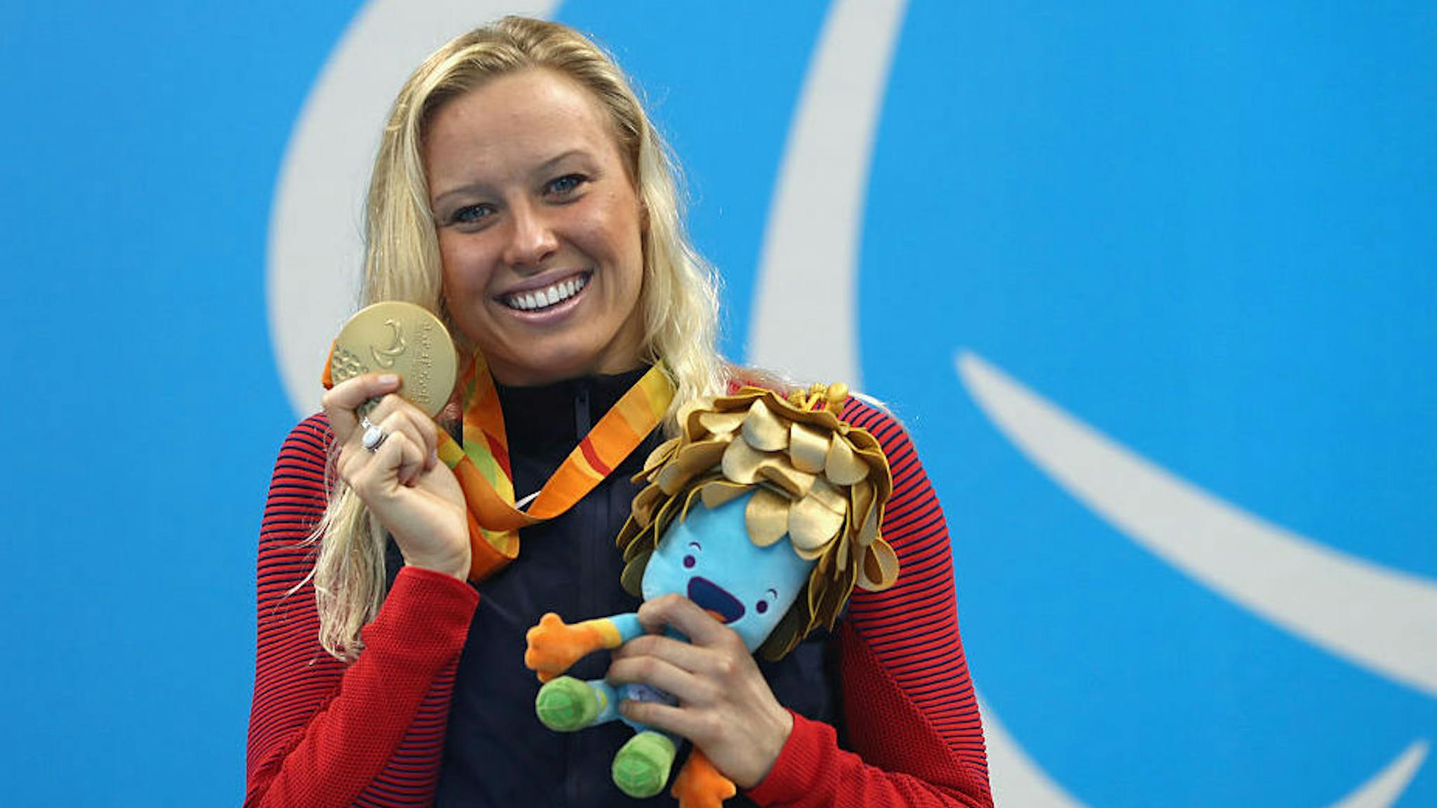 2016 Rio Paralympics – Day 10 Gold medalist Jessica Long of the United States celebrates on the podium at the medal ceremony for Women's 200m Individual Medley - SM8 on day 10 of the Rio 2016 Paralympic Games at the Olympic Aquatics Stadium on September 17, 2016 in Rio de Janeiro, Brazil.
