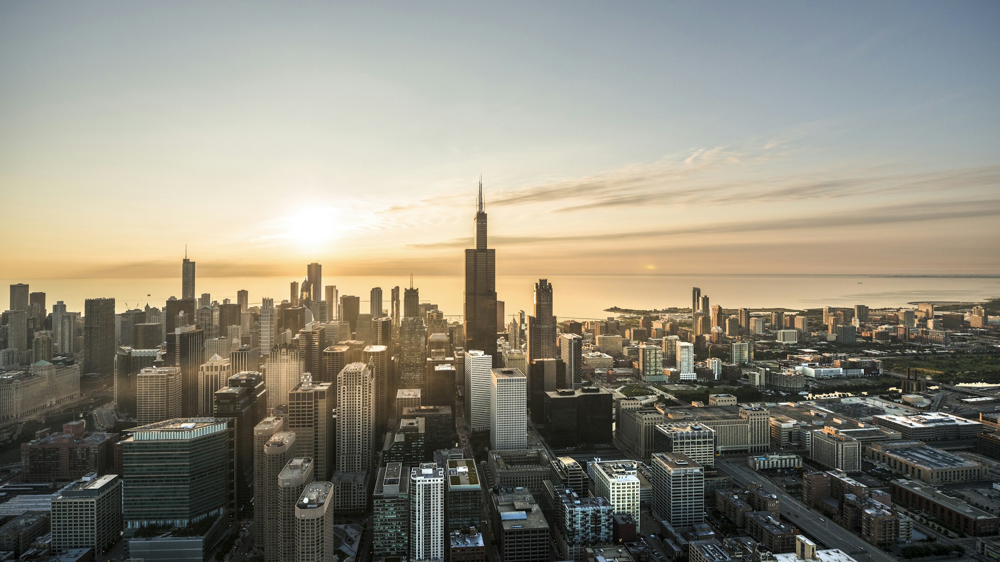 Aerial shot of Chicago waterfront at sunrise - stock photo