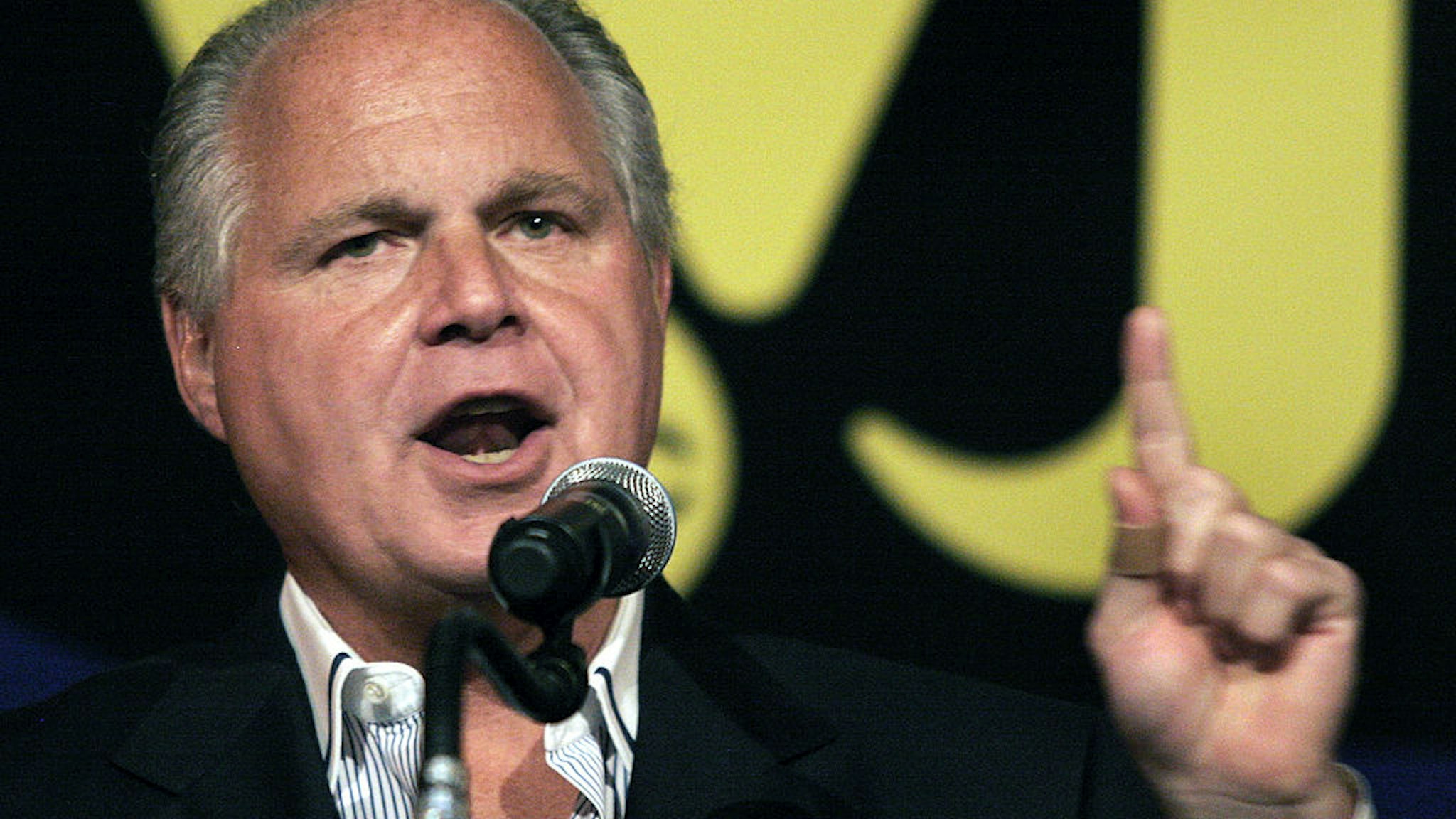 NOVI, MI - MAY 3: Radio talk show host and conservative commentator Rush Limbaugh speaks at "An Evenining With Rush Limbaugh" event May 3, 2007 in Novi, Michigan. The event was sponsored by WJR radio station as part of their 85th birthday celebration festivities. (Photo by Bill Pugliano/Getty Images)