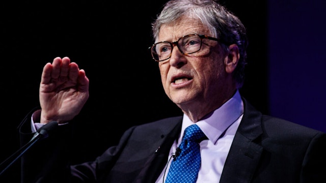 LONDON, ENGLAND - APRIL 18: American businessman and philanthropist Bill Gates makes a speech at the Malaria Summit at 8 Northumberland Avenue on April 18, 2018 in London, England. The Malaria Summit is being held today to urge Commonwealth leaders to commit to halve cases of malaria across the Commonwealth within the next five years with a target to 650,000 lives.