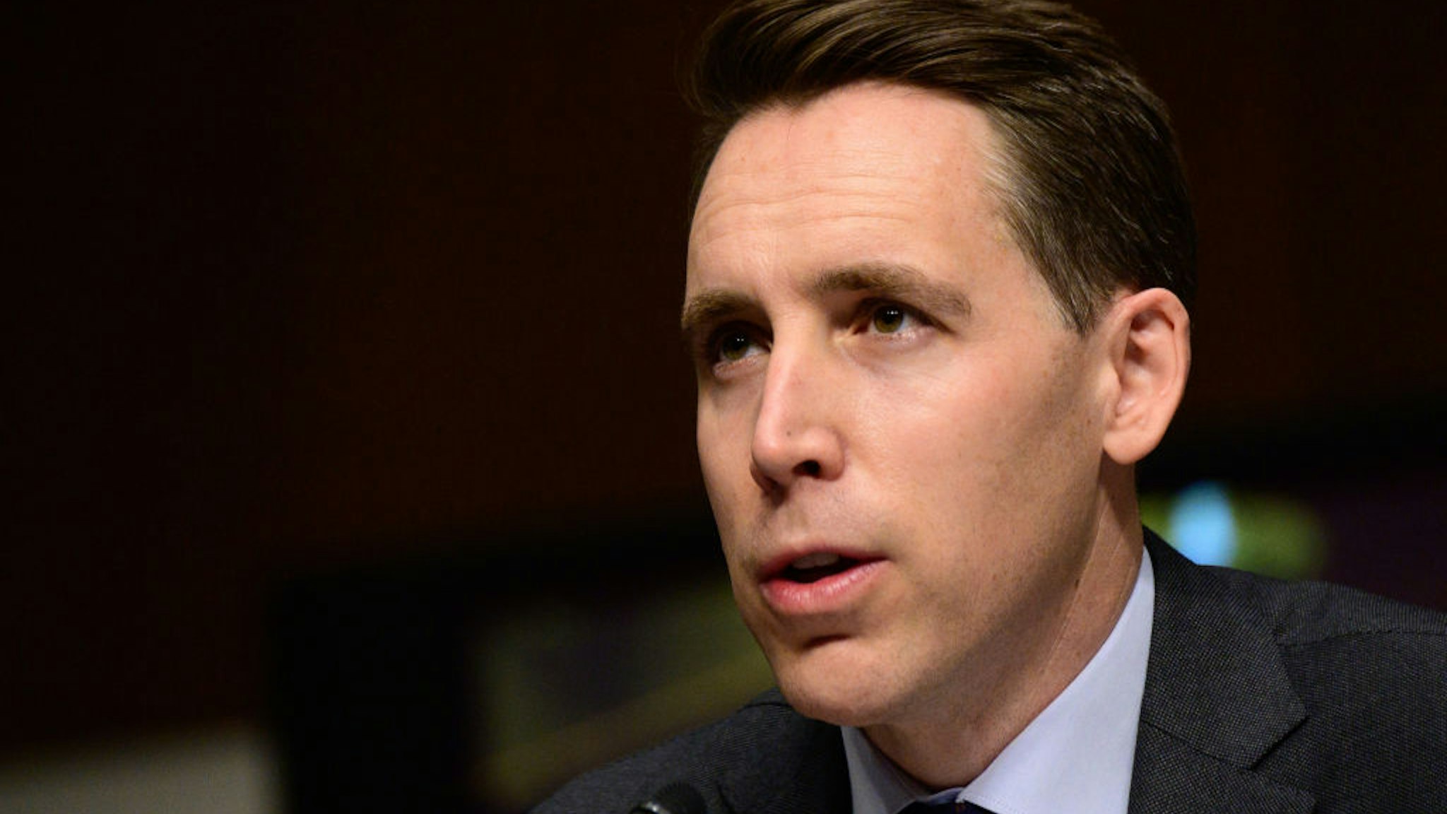 WASHINGTON, DC - FEBRUARY 23: U.S. Sen. Josh Hawley (R-MO) speaks during a Senate Homeland Security and Governmental Affairs and Senate Rules and Administration joint hearing on February 23, 2021 in Washington, DC. The committees are hearing testimony about the law enforcement preparation for and response to the attack on the U.S. Capitol on January 6, 2021.