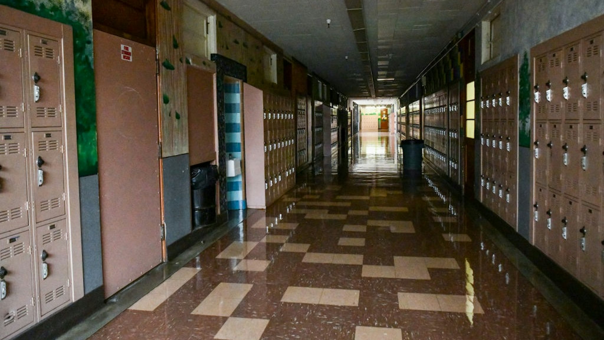 LOS ANGELES, CALIFORNIA - SEPTEMBER 08: Empty Hollywood High hallway on September 08, 2020 in Los Angeles, California. LAUSD school campuses remain closed during the COVID-19 pandemic, however many teachers are opting to broadcast lessons virtually from their empty classrooms.