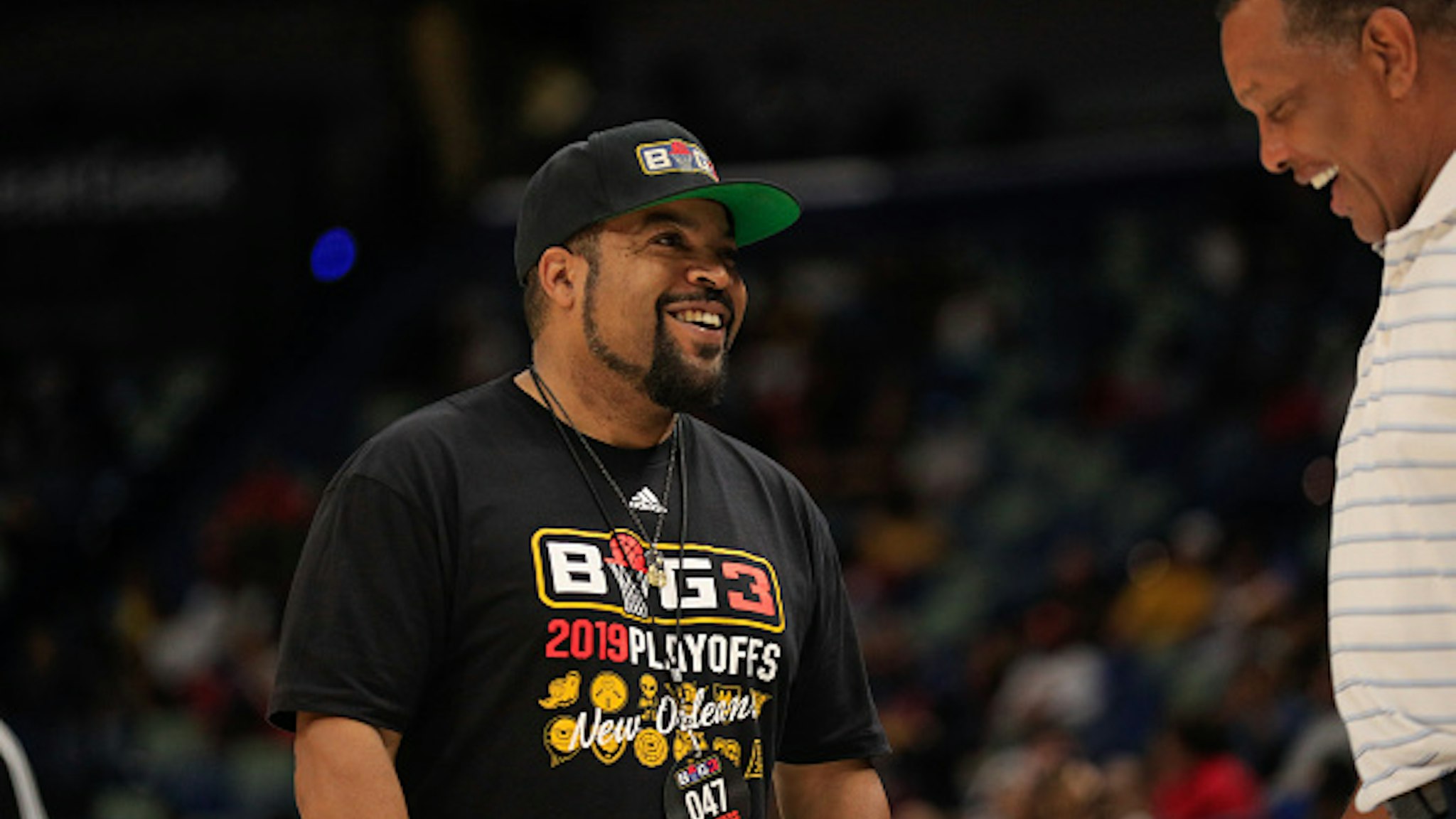 NEW ORLEANS, LA - AUGUST 25: BIG 3 founder Ice Cube talks with New Orleans Pelicans head coach Alvin Gentry during the BIG3 3-on-3 basketball league game on August 25, 2019 at the Smoothie King Center in New Orleans, LA.