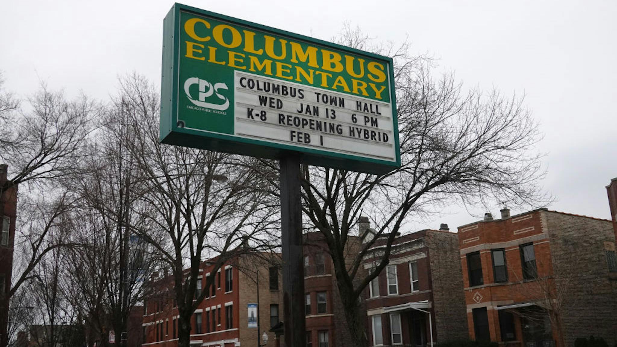Illinois School A sign outside of Columbus Elementary School delivers messages to students and parents on January 25, 2021 in Chicago, Illinois. Chicago Public School teachers were scheduled to return to the classroom for in-person learning today, but the union objected and voted to continue remote learning