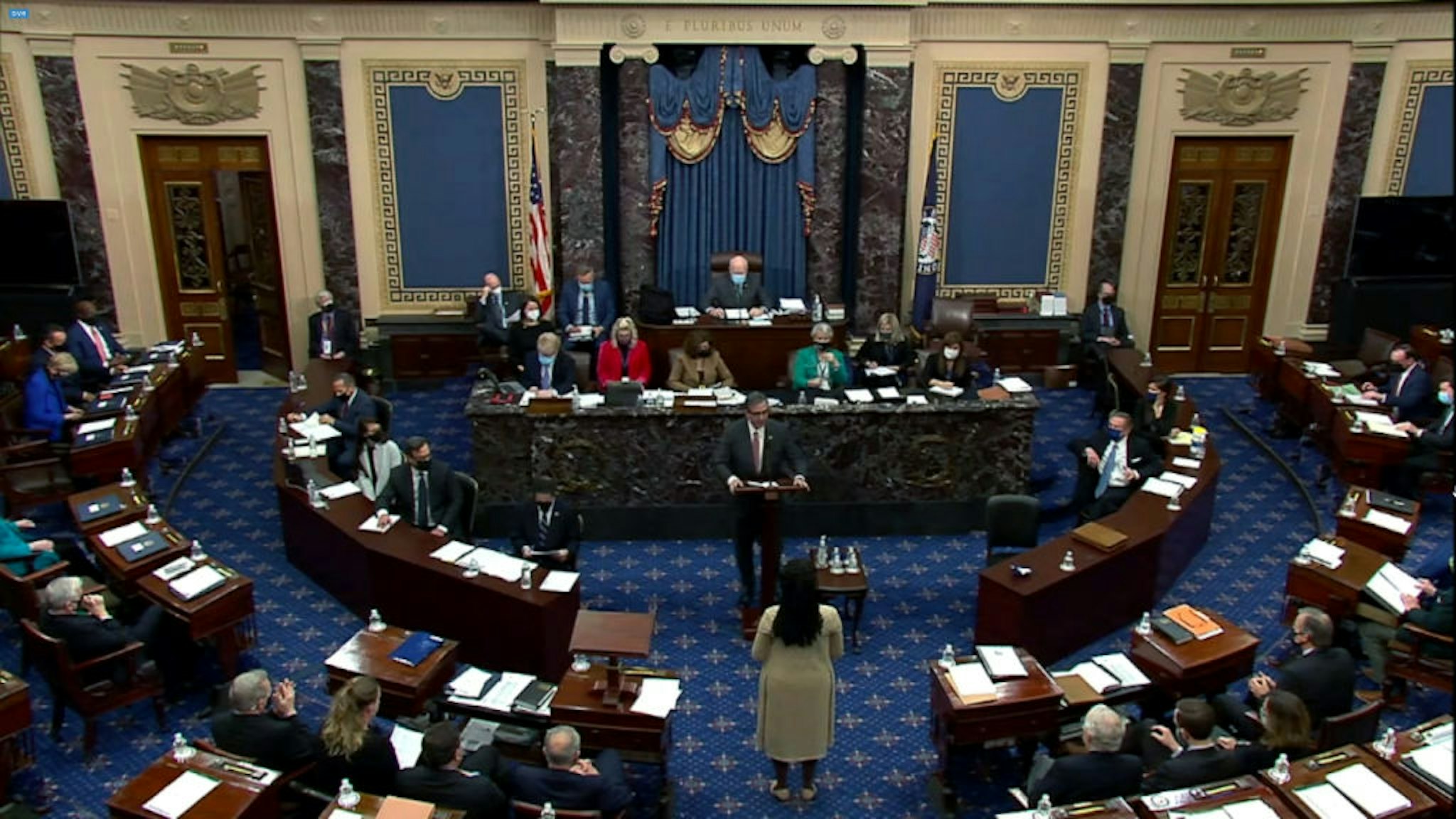 WASHINGTON, DC - FEBRUARY 13: In this screenshot taken from a congress.gov webcast, Bruce Castor Jr., defense lawyer for former President Donald Trump, speaks on the fifth day of former President Donald Trump's second impeachment trial at the U.S. Capitol on February 13, 2021 in Washington, DC. In a surprise move, the Senate voted 55-45 to call witnesses in the impeachment trial. House impeachment managers had argued that Trump was “singularly responsible” for the January 6th attack at the U.S. Capitol and he should be convicted and barred from ever holding public office again.