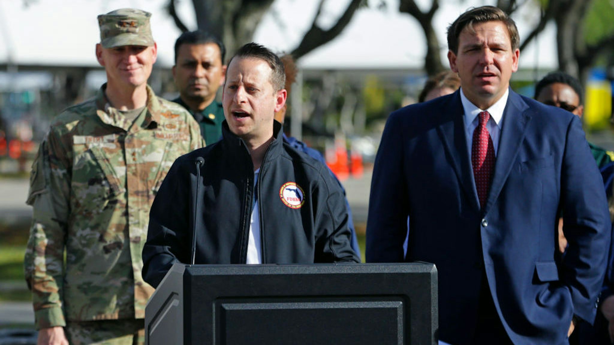 Director of Florida's Division of Emergency Management Jared Moskowitz alongside Florida Gov. Ron DeSantis talks to media during press conference at the Broward County mobile testing at CB Smith Park in Pembroke Pines on Thursday, March 19, 2020. (David Santiago/Miami Herald/TNS)