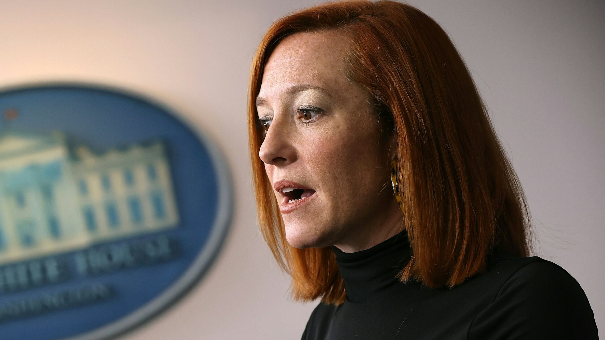 WASHINGTON, DC - FEBRUARY 03: White House Press Secretary Jen Psaki talks to reporters during a news conference in the Brady Press Briefing Room at the White House on February 03, 2021 in Washington, DC. After appearing to slight the U.S. Space Force, Psaki invited representatives of the newest military branch to come to the White House to brief reporters.