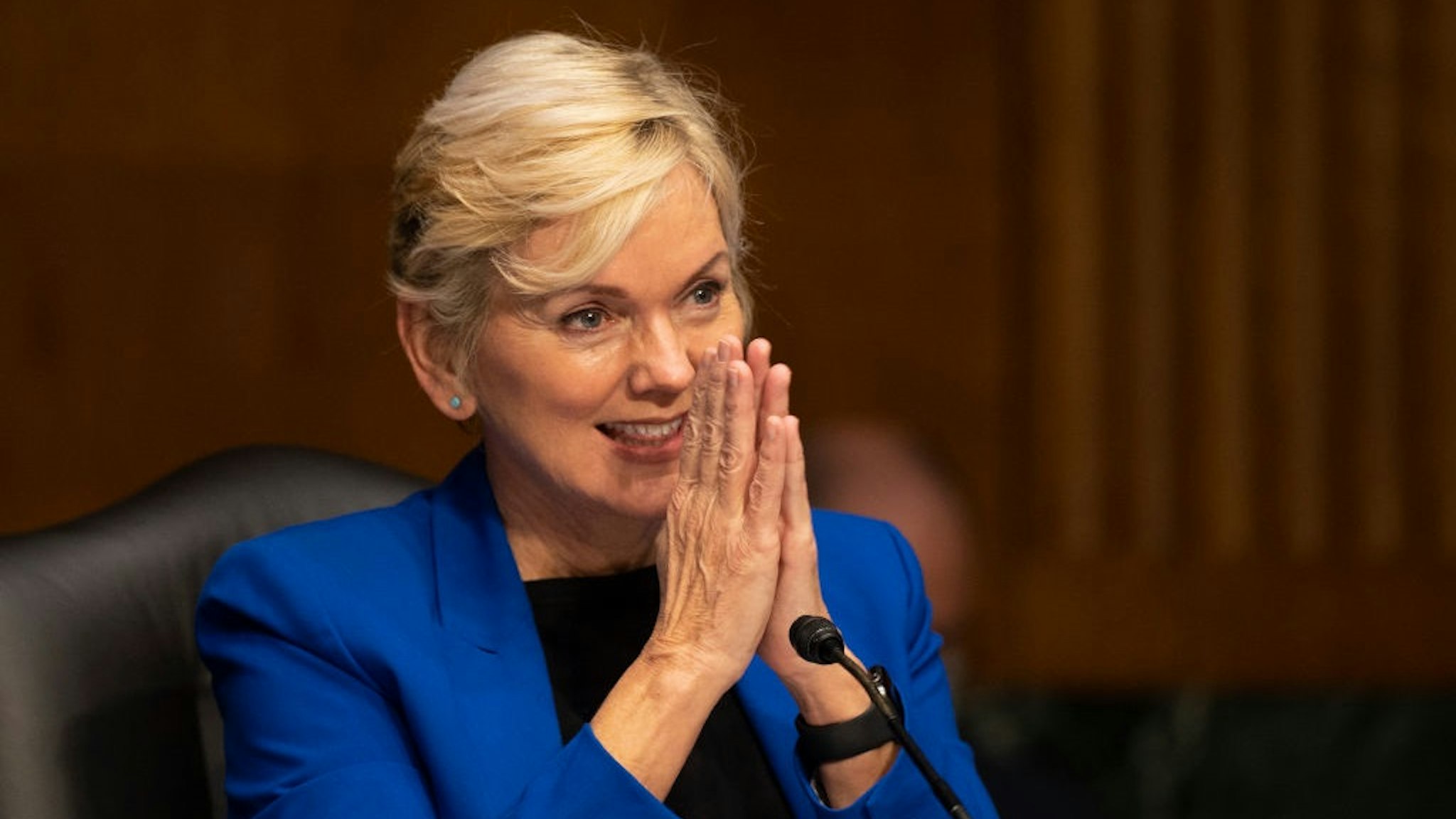 WASHINGTON, DC - JANUARY 27: Former Michigan Governor Jennifer Granholm thanks the committee after testifying before the Senate Energy and Natural Resources Committee during a hearing to examine her nomination to be Secretary of Energy, on Capitol Hill, January 27, 2021.
