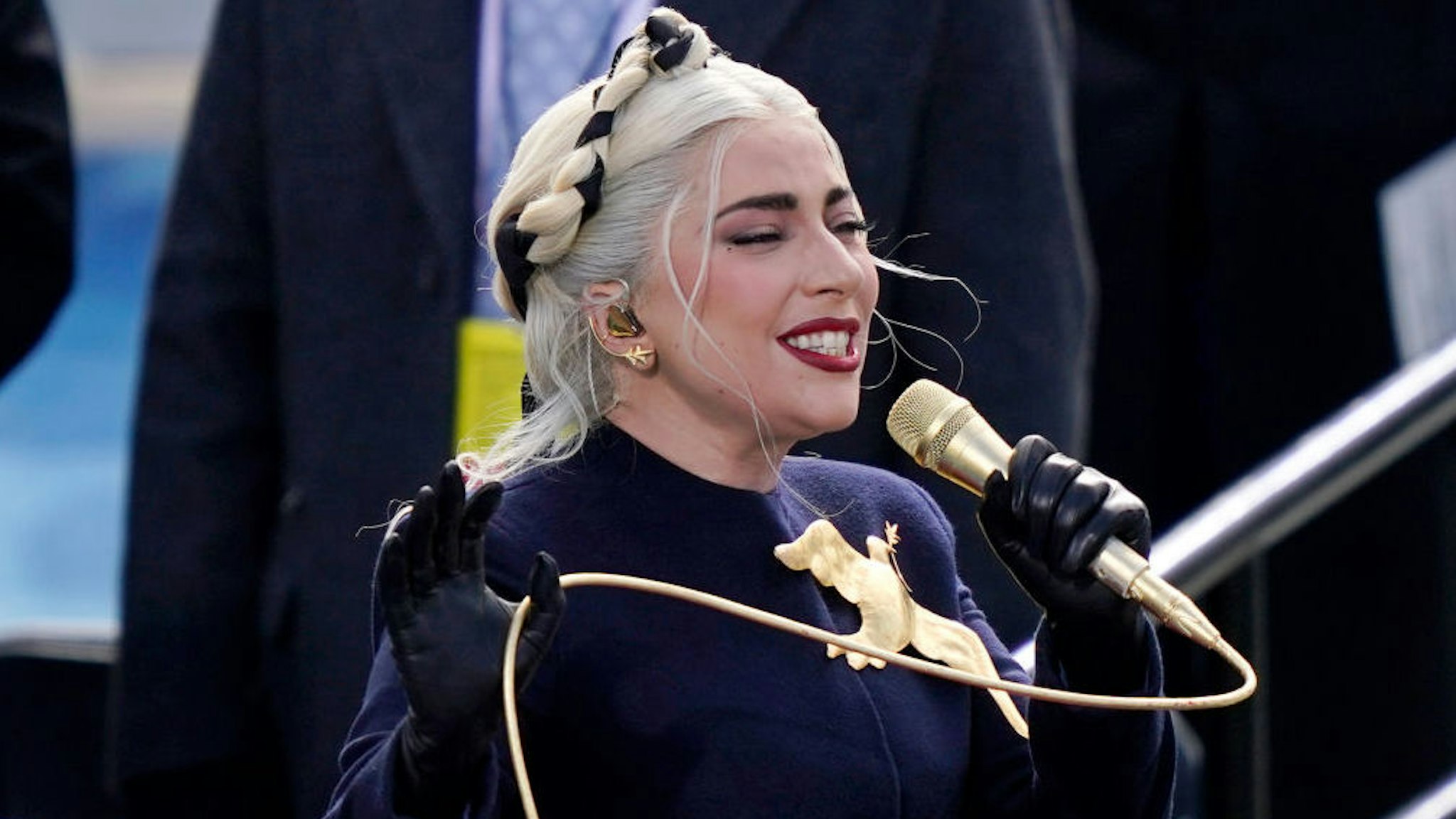 WASHINGTON, DC - JANUARY 20: Lady Gaga sings the National Anthem at the inauguration of U.S. President-elect Joe Biden on the West Front of the U.S. Capitol on January 20, 2021 in Washington, DC. During today's inauguration ceremony Joe Biden becomes the 46th president of the United States.