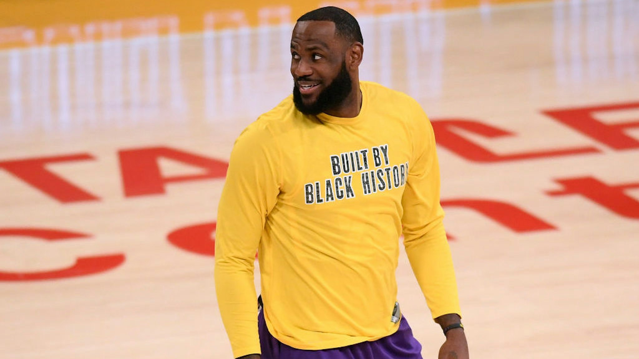 LOS ANGELES, CALIFORNIA - FEBRUARY 26: LeBron James #23 of the Los Angeles Lakers smiles as he warms up before the game against the Portland Trail Blazers at Staples Center on February 26, 2021 in Los Angeles, California. (Photo by Harry How/Getty Images)