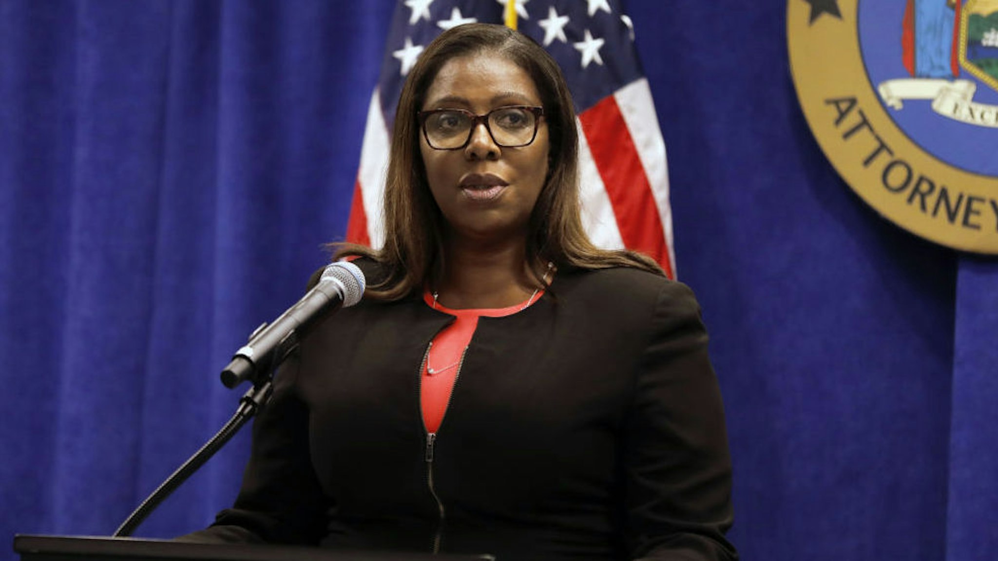 Letitia James, New York's attorney general, speaks during a news conference in New York, U.S., Thursday, Aug. 6, 2020. New York is seeking to dissolve the National Rifle Association as the state attorney general accused the gun rights group and its current and former senior officials of engaging in a massive fraud against donors.