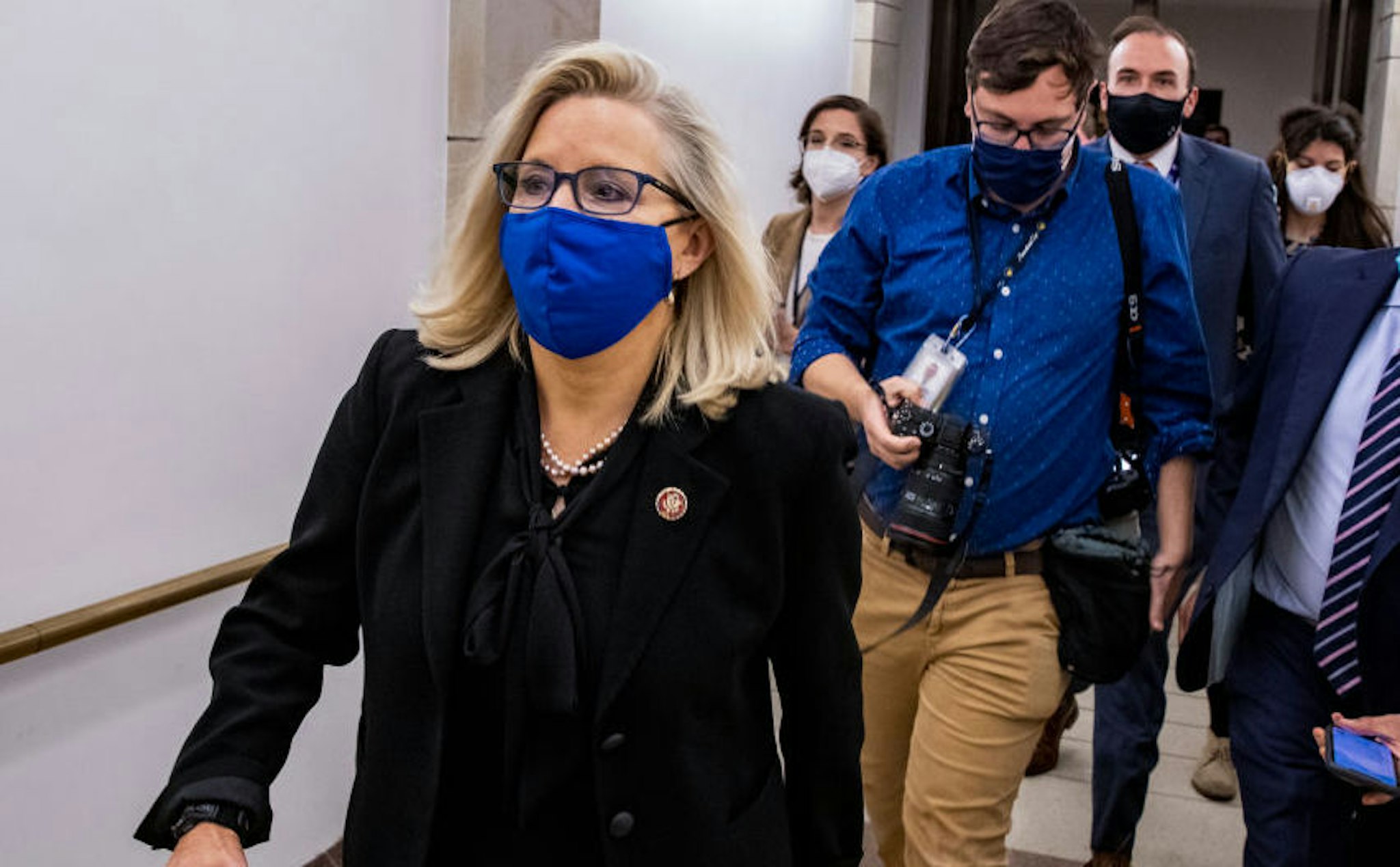WASHINGTON, DC - FEBRUARY 03: U.S. Rep. Liz Cheney (R-WY) heads to the House floor to vote at the U.S. Capitol on February 03, 2021 in Washington, DC. Cheney was one of 10 House Republicans who voted to impeach former President Donald Trump for inciting the insurrection at the U.S. Capitol.