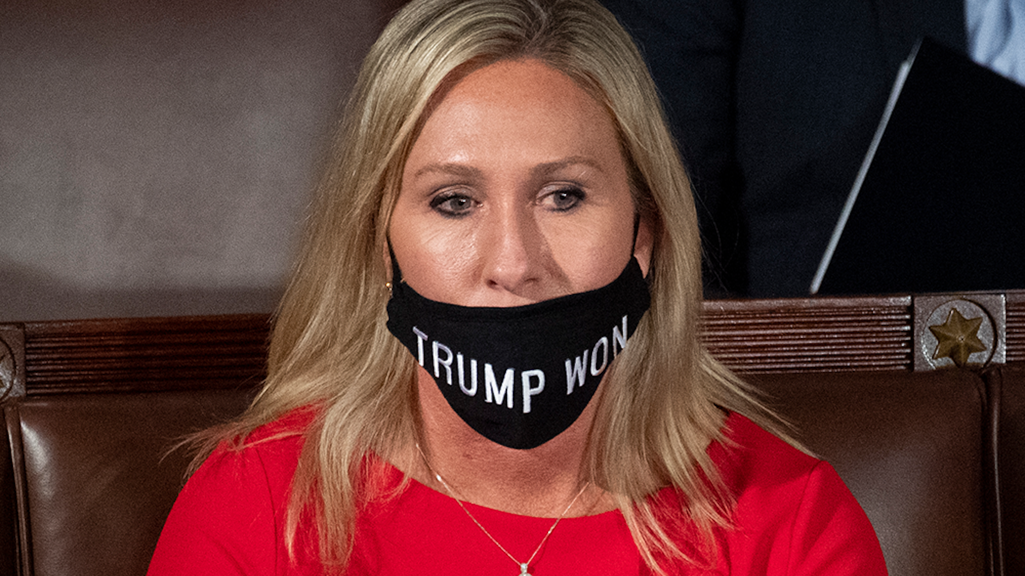 UNITED STATES - January 3: Rep.-elect Marjorie Taylor Greene, R-Ga., wears a Trump Won mask during the first session of the 117th Congress in the House Chamber as members of the 117th Congress are sworn in on Sunday, Jan. 3, 2021.