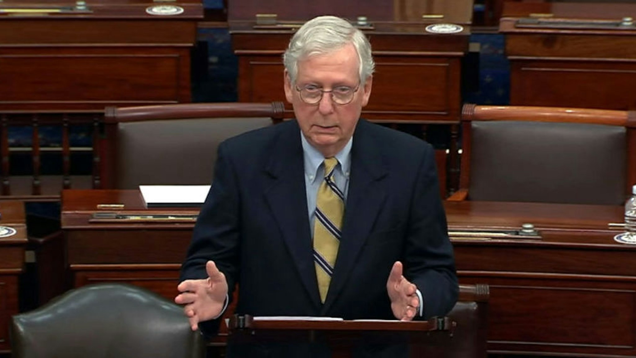 WASHINGTON, DC - FEBRUARY 13: In this screenshot taken from a congress.gov webcast, Minority leader Sen. Mitch McConnell (R-KY) responds after the Senate voted 57-43 to acquit on the fifth day of former President Donald Trump's second impeachment trial at the U.S. Capitol on February 13, 2021 in Washington, DC. House impeachment managers had argued that Trump was “singularly responsible” for the January 6th attack at the U.S. Capitol and he should be convicted and barred from ever holding public office again.